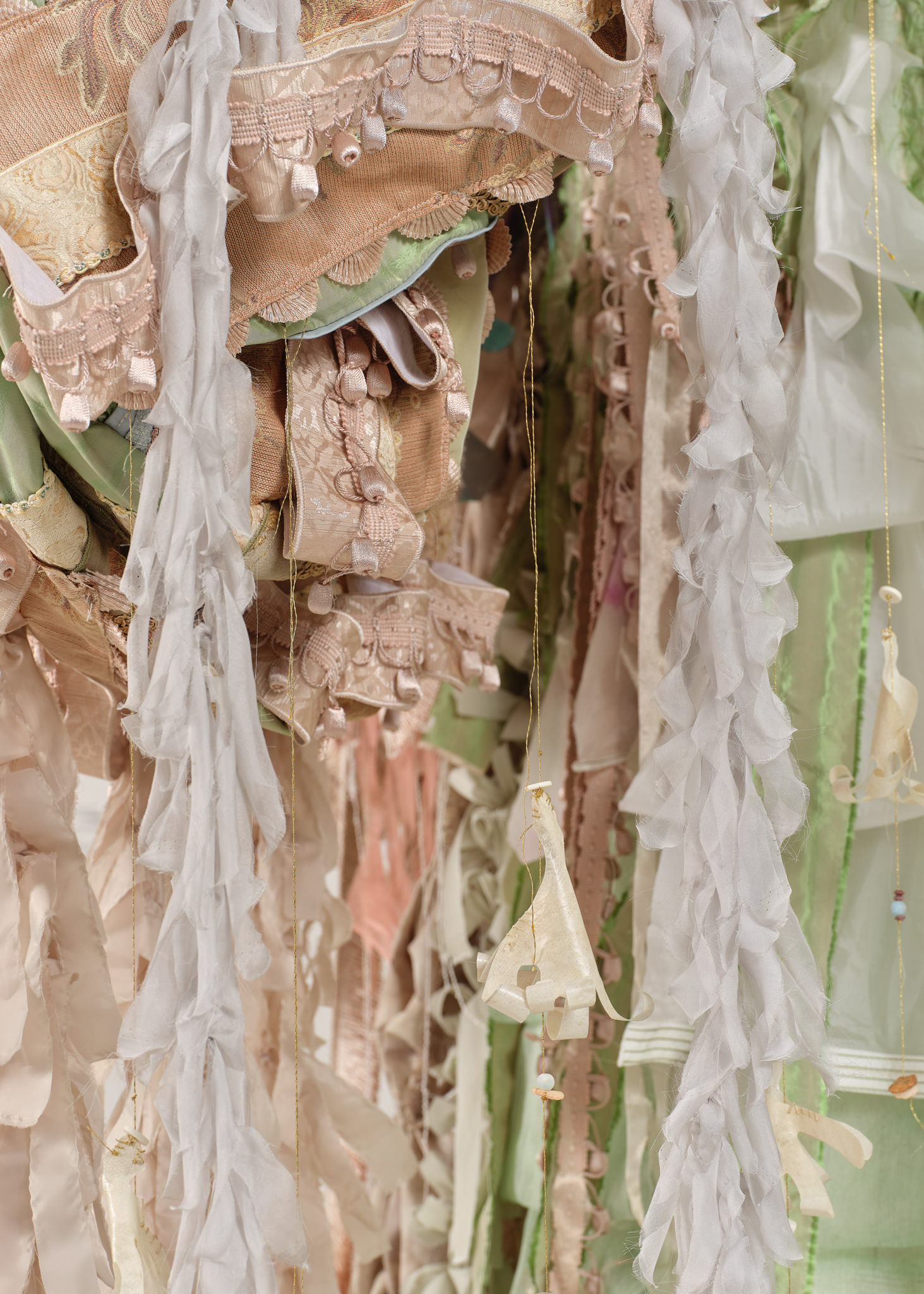 (detail) The Miracle, 2024, Steel; enamel paint; foam; acrylic paint and finisher; repurposed leather, suede, goatskin, and assorted fabric; leather, fabric, and natural dyes; assorted beads; gold and silk thread; coated nylon thread; and coated cotton thread, 135H x 100 x 100 inches
