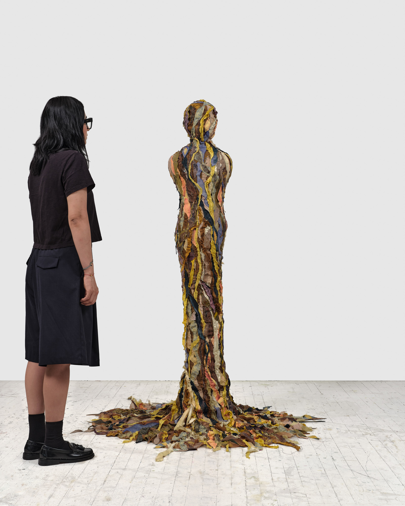 Evolver, 2024, Steel, enamel paint, acrylic paint and finisher, leather dye, repurposed leather and fabric, assorted beads, seashells, and coated nylon thread, 70 1/4H x 54 x 52 inches