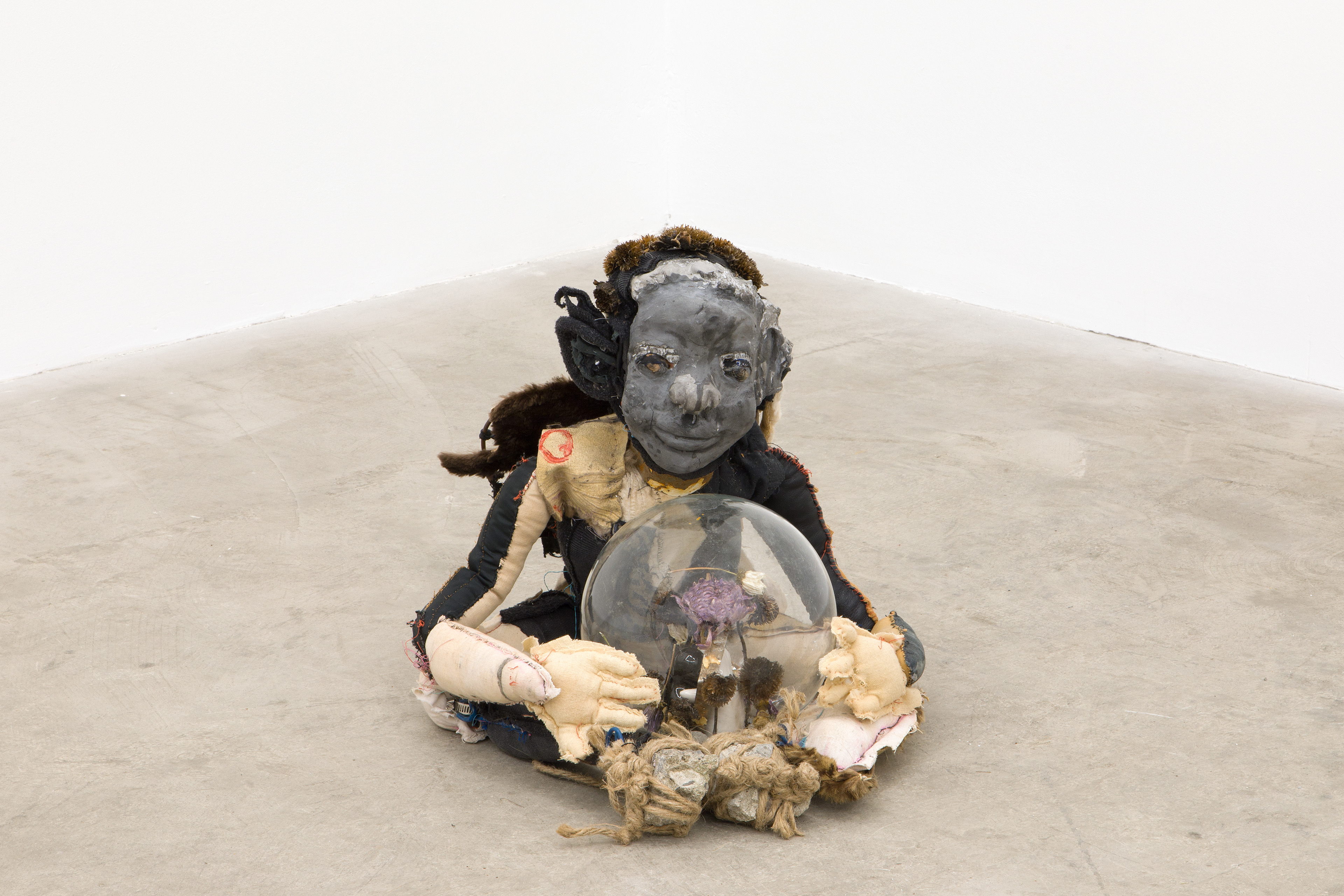 Baby bumblebee (for the betterment of us all please remember your smallness) 2018. Hand sewn fabrics, furs and leathers, hand carved plaster, acrylic paint, wire, stones, dried flowers, concrete, glass ball, salt and pepper shakers, cotton batting. 16 x 18 x 18 in (40.64 x 45.72 x 45.72 cm).
