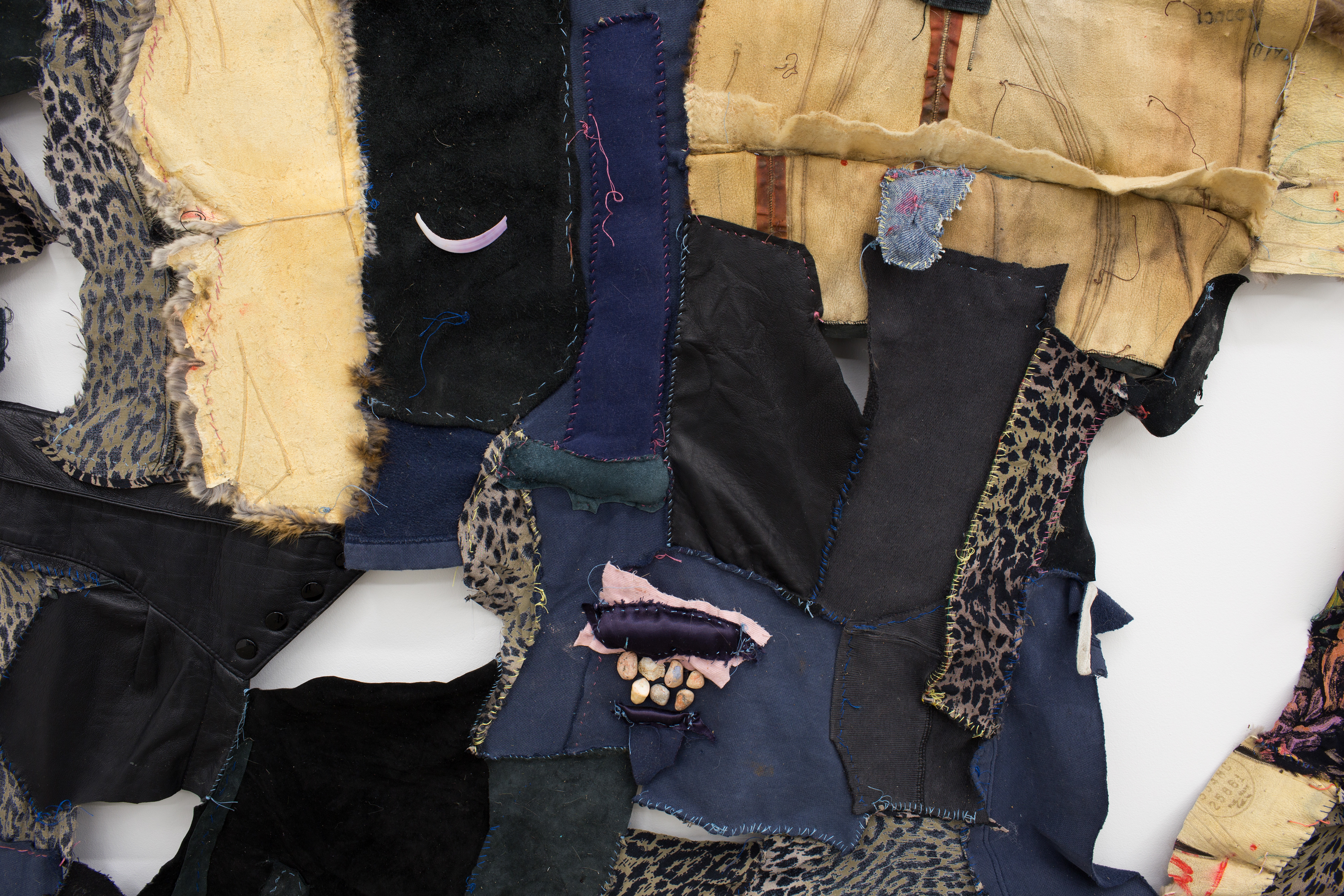 Making it work to be together while we can, 2018. Found furs, leathers and fabrics (hand sewn), seashells, sea stones. 96 x 84 x 4 in (243.8 x 213.4 x 10.2 cm).