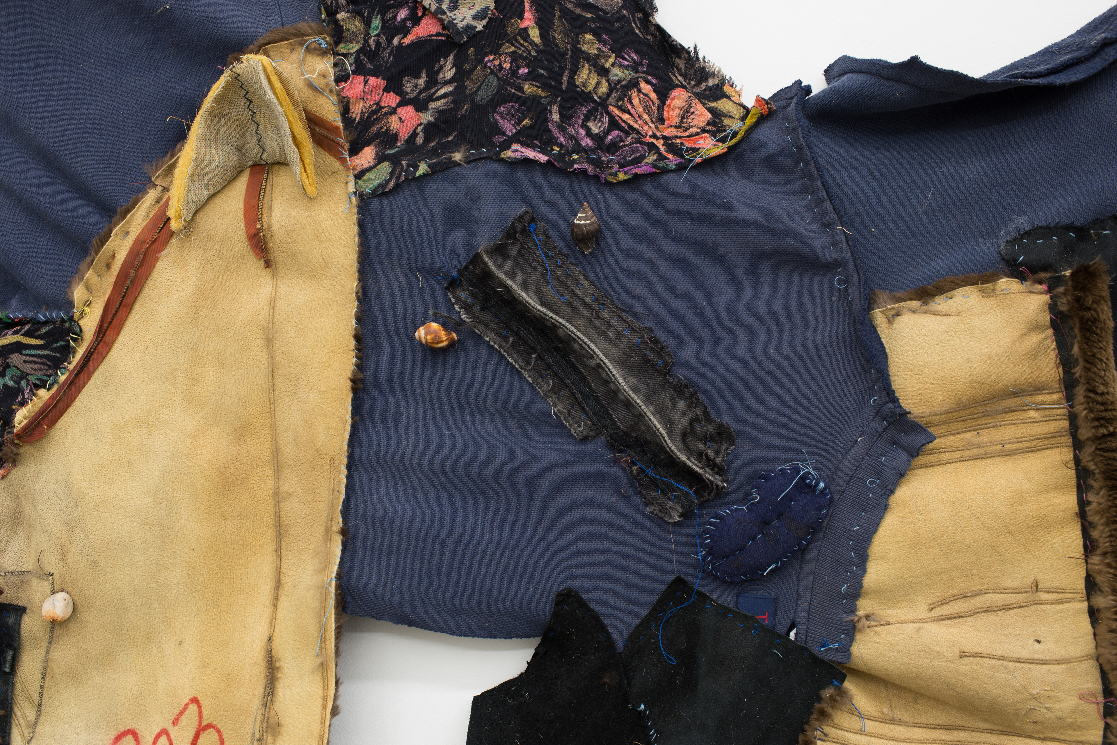 Making it work to be together while we can, 2018. Found furs, leathers and fabrics (hand sewn), seashells, sea stones. 96 x 84 x 4 in (243.8 x 213.4 x 10.2 cm).