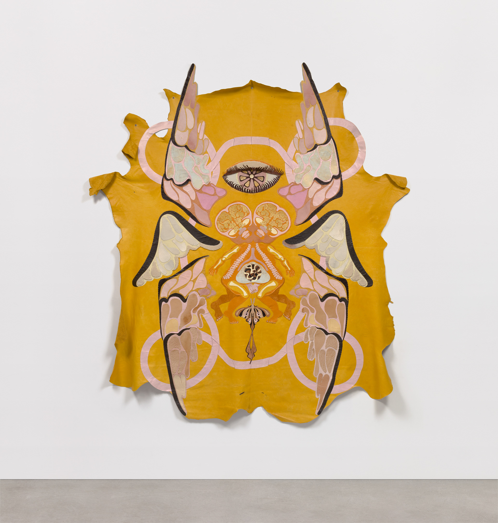 Knot of Pacification, 2021. Recycled leather, wool, and suede. 114 x 100 in (289.56 x 254 cm).