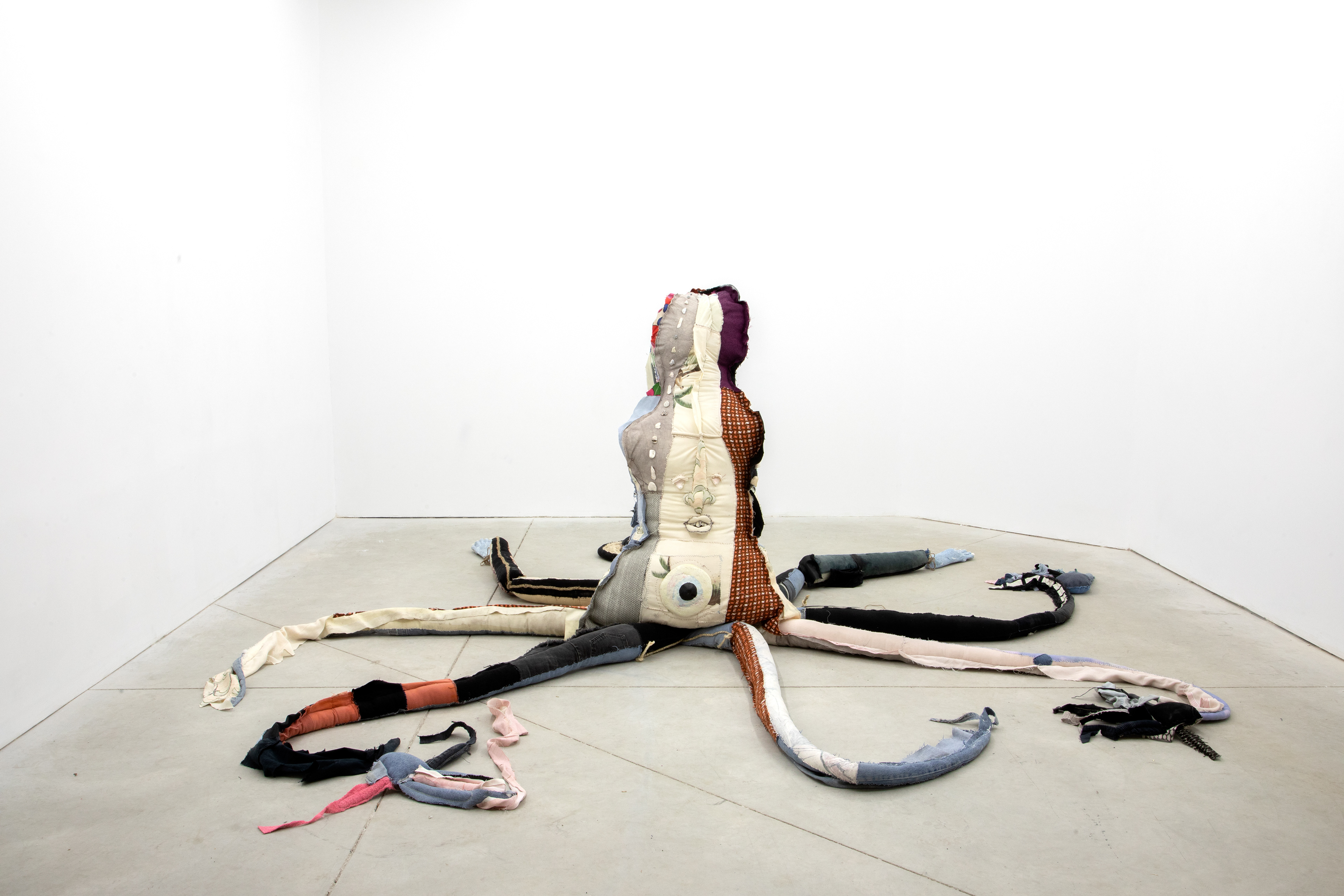 miracle of the deep sea, 2019. Denim, fabric, plaster, seashells. 180 x 230 in (457.2 x 584.2 cm).