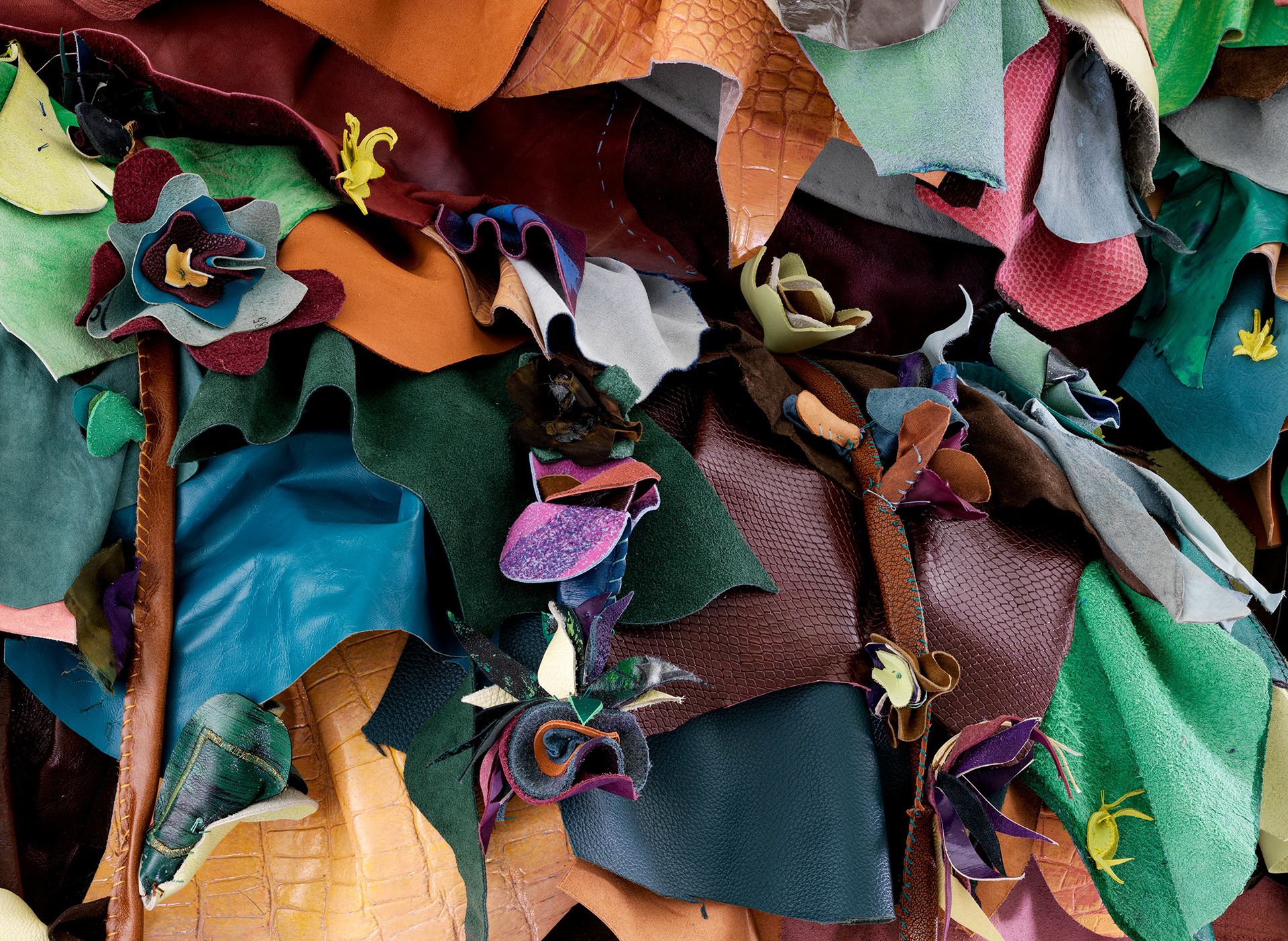 (detail) Saint Mozelle in the Aphid Orgy, 2023, Steel, enamel paint, acrylic paint and finisher, repurposed leather and suede, organic cotton twill, and coated nylon thread, 127 x 91 1/2 x 109 1/8 inches