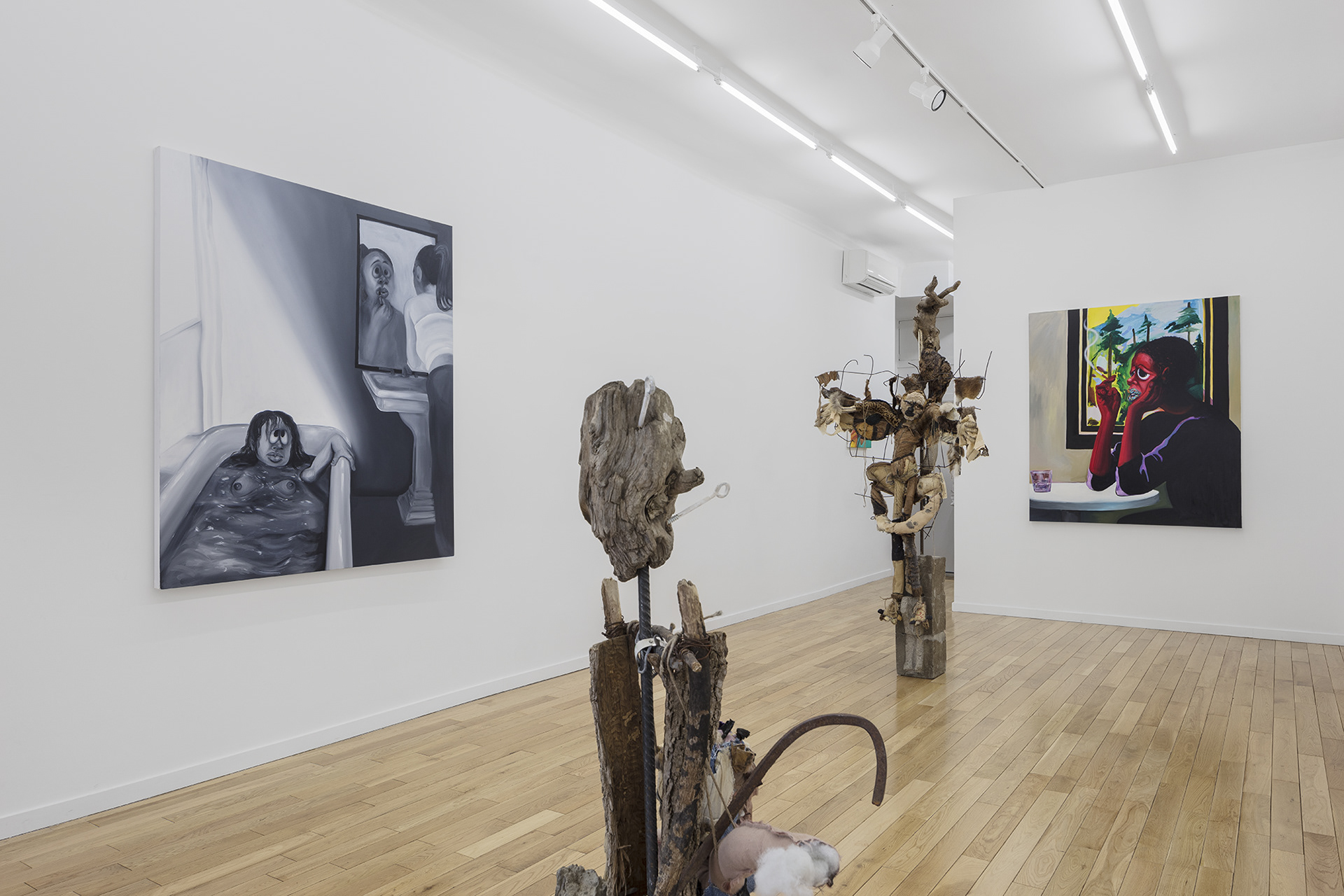Installation view. pet rock, 2017 (foreground) and Untitled (romantic dancing), 2017 (background)