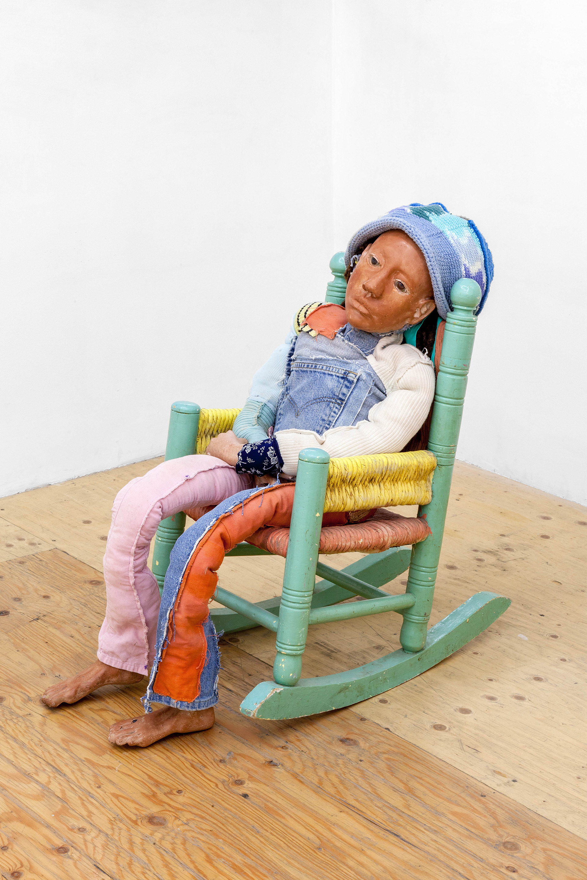 Untitled (play dumb to catch wise), 2017. Fabric, wire, polyester stuffing, plaster, acrylic paint, human hair, stones. 24 x 20 x 33 in (60.96 x 50.8 x 83.82 cm).
