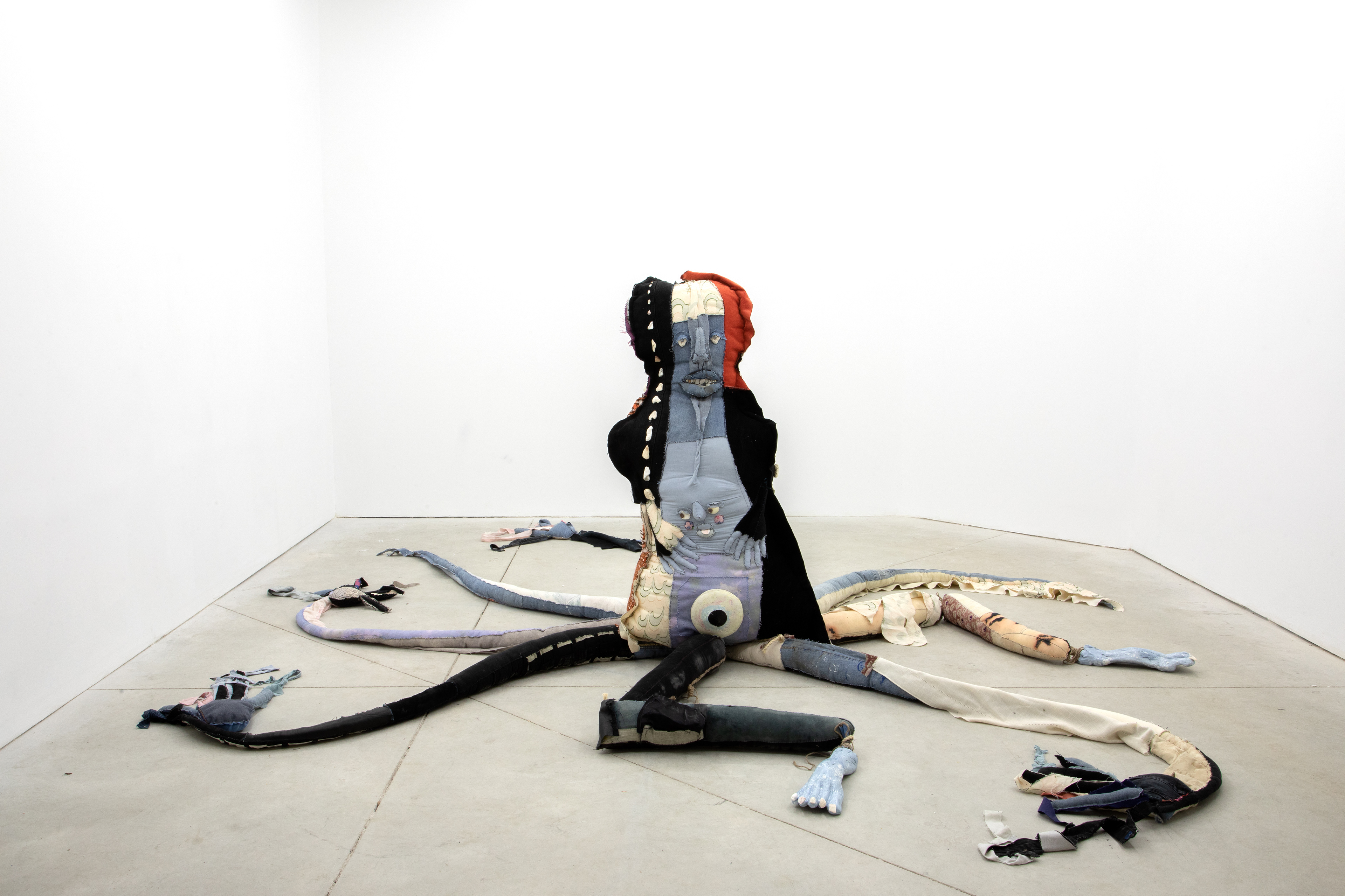 miracle of the deep sea, 2019. Denim, fabric, plaster, seashells. 180 x 230 in (457.2 x 584.2 cm).