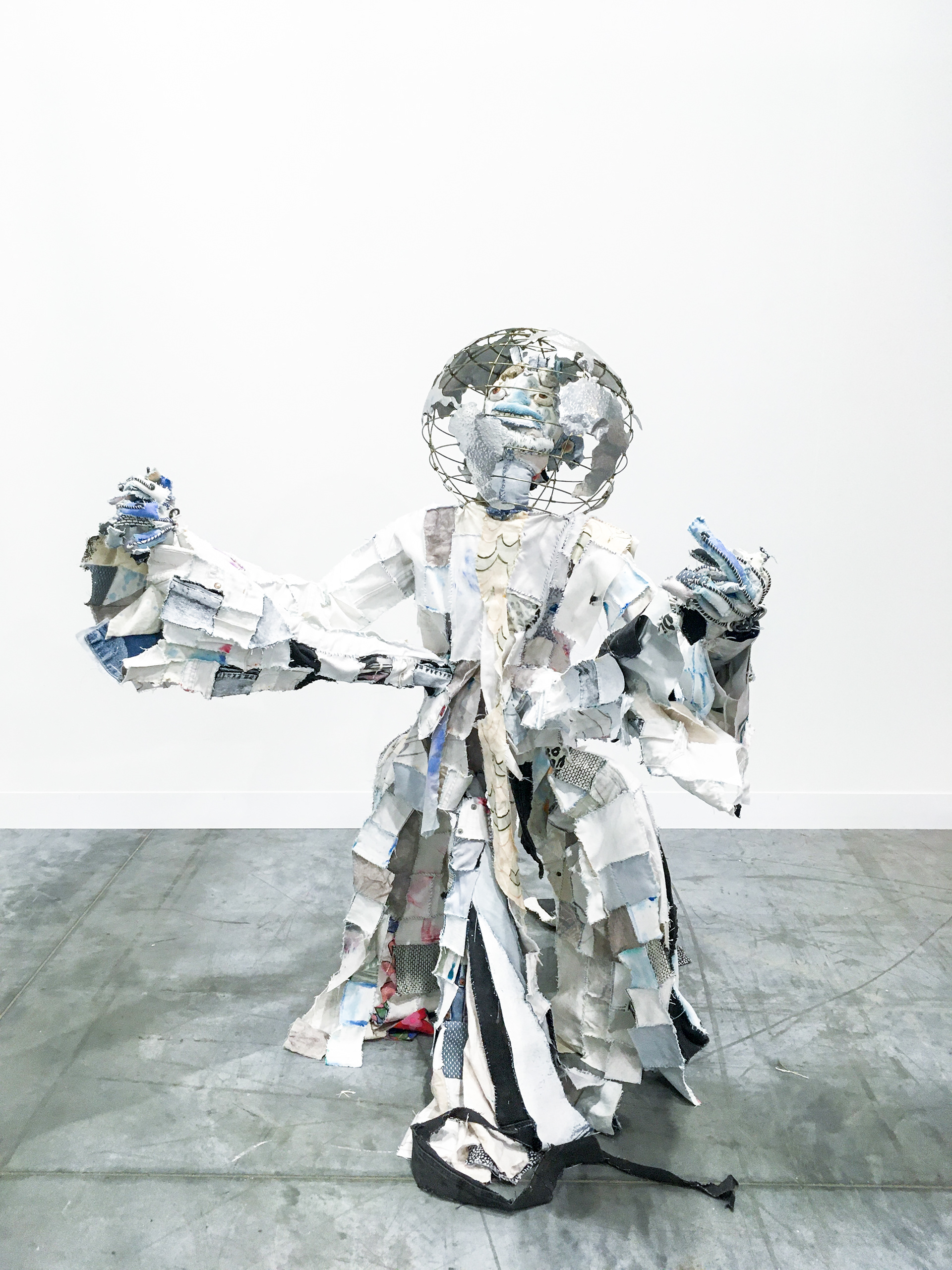 The Octonaut (I can be my own hands to hold), 2019. Recycled fabrics, concrete, pipe, acrylic paint, metal globe, wire, stones, seashells, plaster, hardware, recycled poly fibres. 51.5 x 37 x 35 in (130.8 x 94 x 88.9 cm).