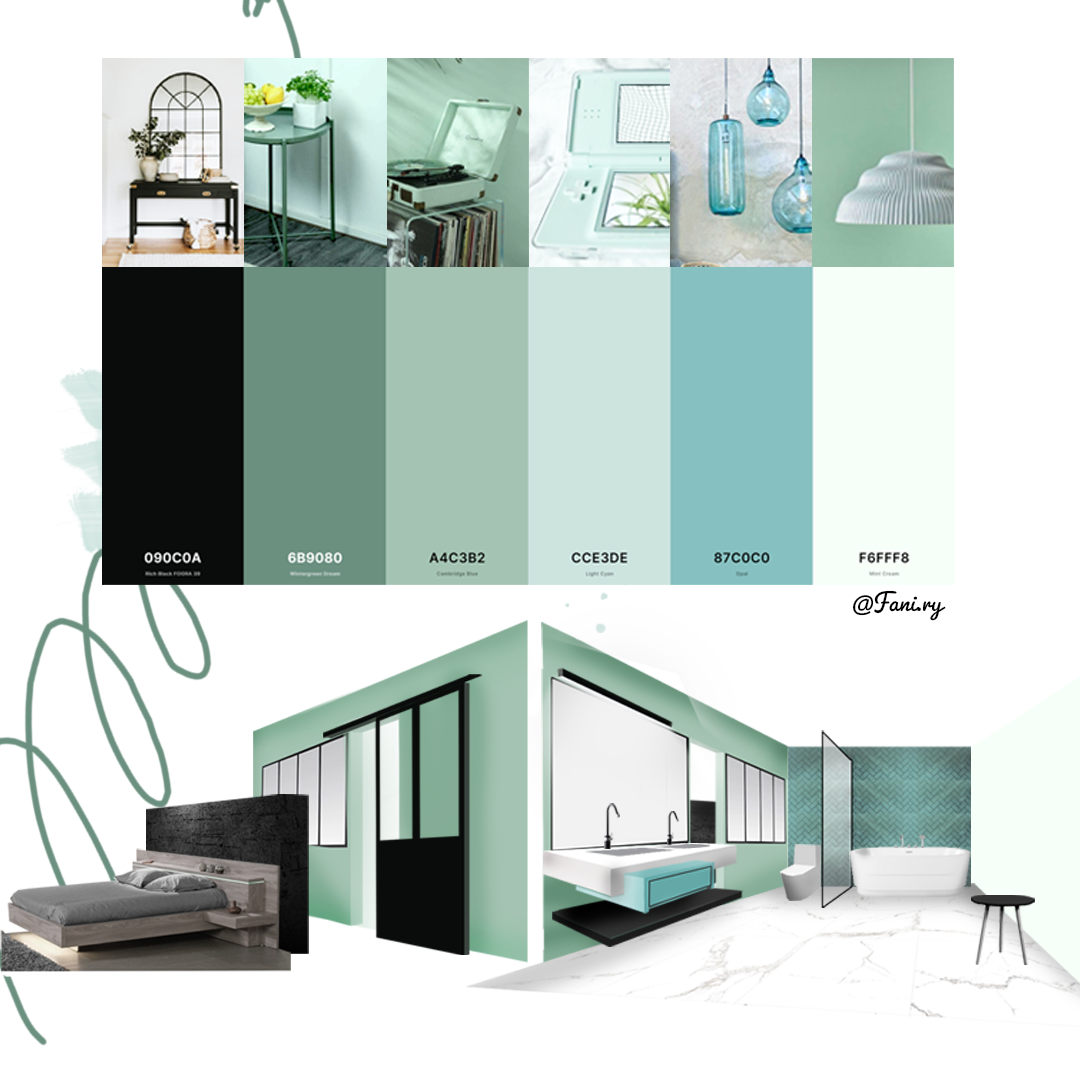 Suite 02 - Planche tendance, photomontage et dessin graphique, sur Coin Nuit et Salle de bain