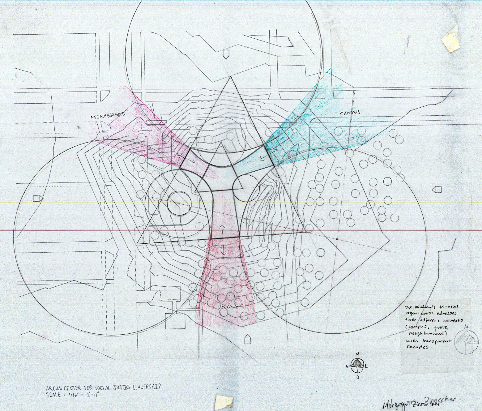 Surrounding context and geometry. The building's tri-axial organization addresses three adjacent contexts (campus, grove, neighborhood) with transparent facades.