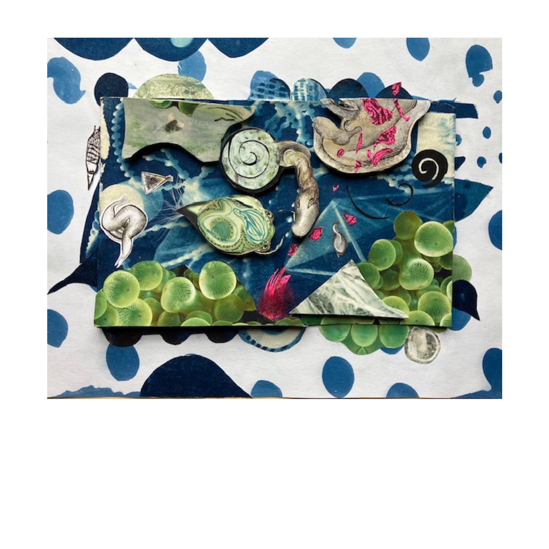 Garden Variety    2021 cyanotype, gouache, printed matter, acrylic 12 x 15.75 x .05”