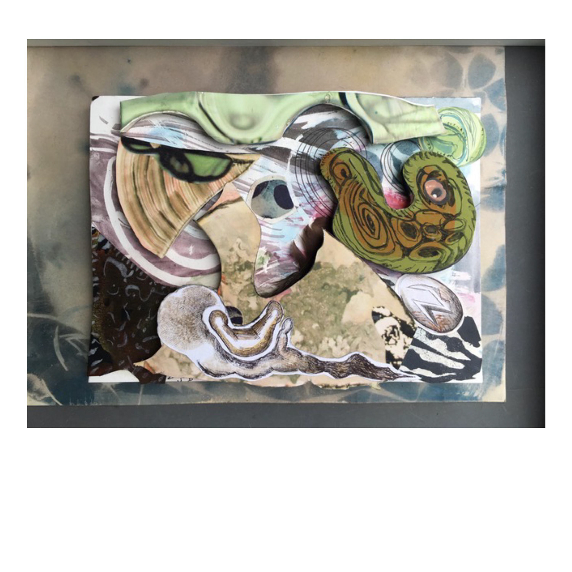 Siren Song- collaboration with Michael Biddle  2020 ink, gouache, pen, silk screen, printed matter, cyanotype 9 x 12 x .05”