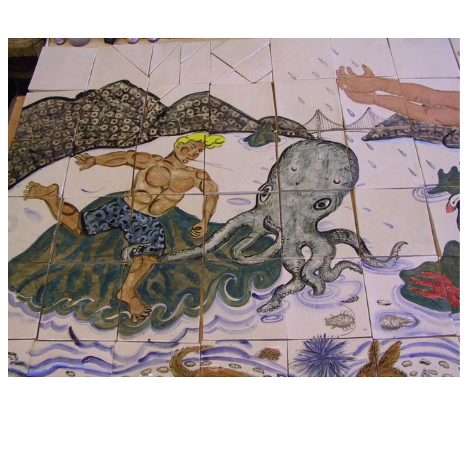 ‘Encounter’-  bathroom tile Commission, (showing work in progress)Star Gazing tile- 20 x 12 x 1”, 1996