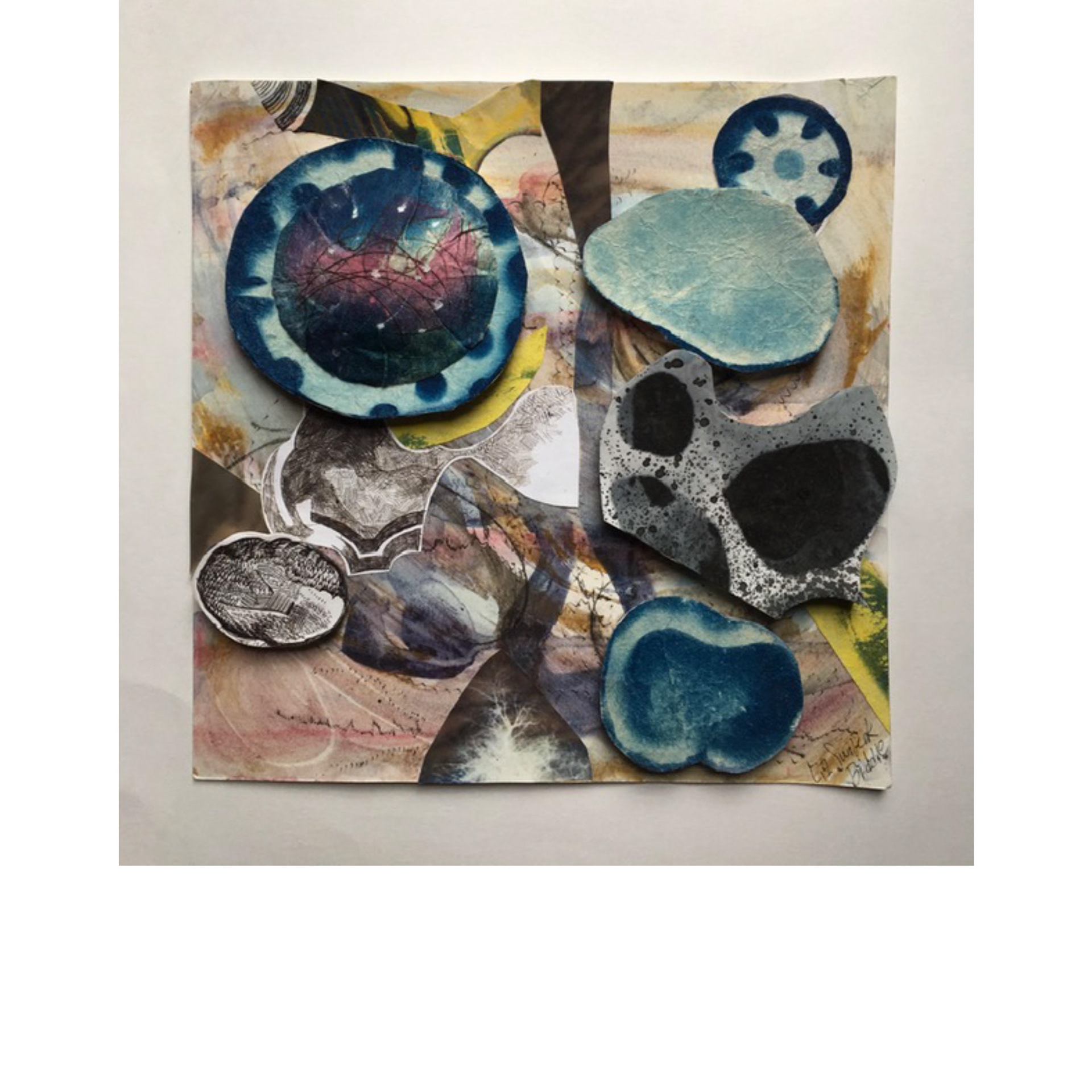 Dispersion - collaboration with Michael Biddle  2020 cyanotype, ink, papier mache, watercolor 9 x 9 x .05”