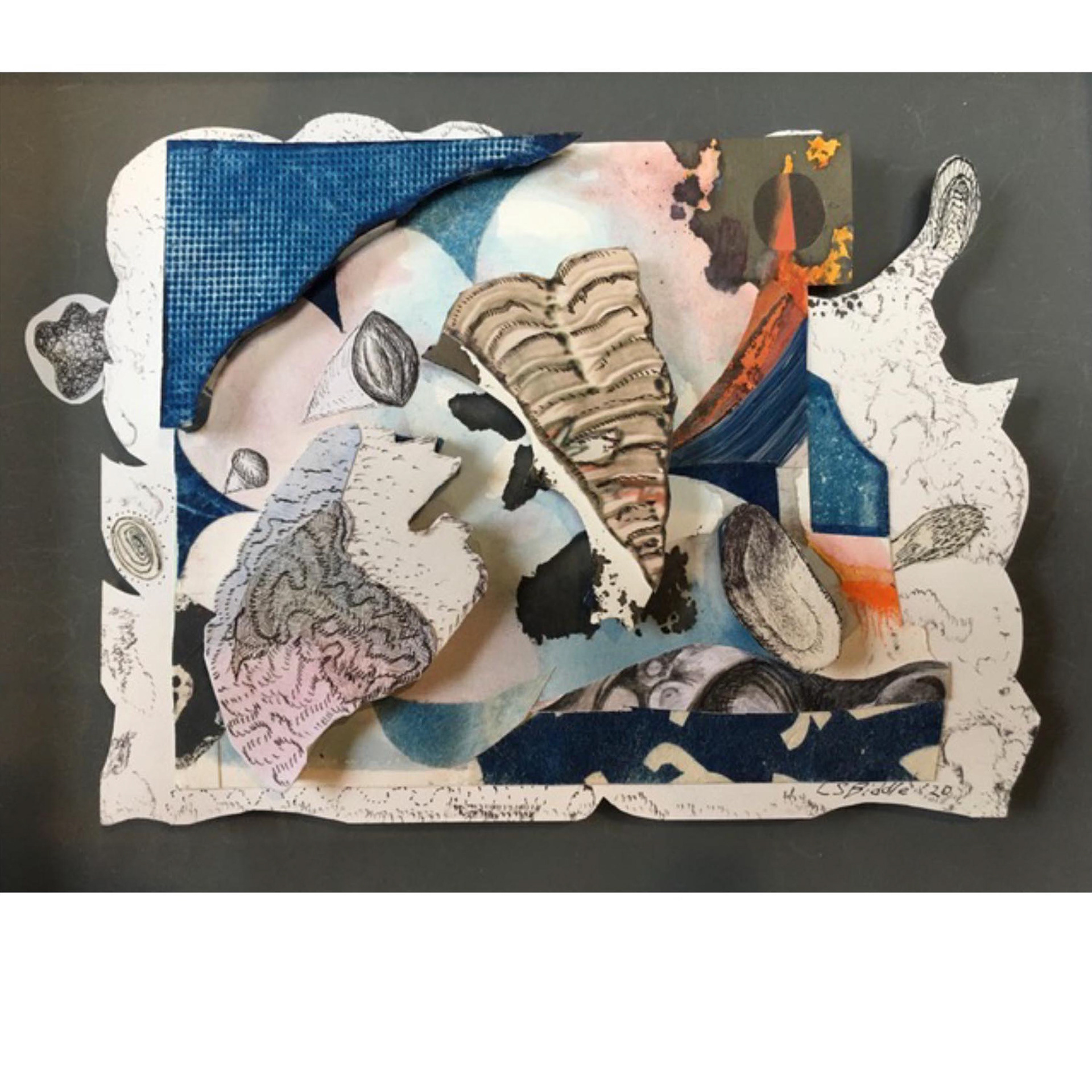 Cloud Cover- 2021, 8.5 x 11.5 x ½”, ink, cyanotype, watercolor