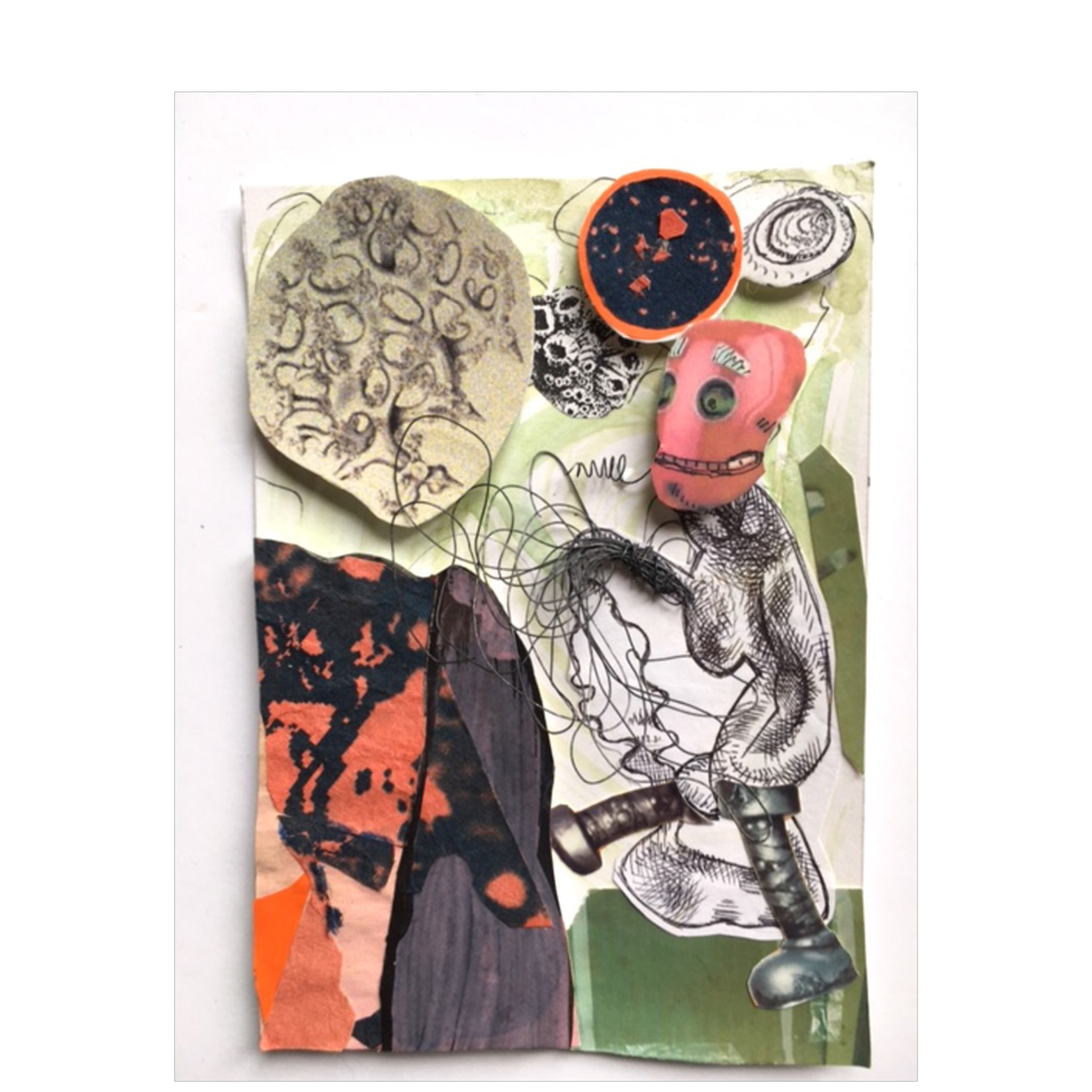 Wired -7 x 4.5 x ¼” circa 2001, ink, printed matter, watercolor, wire