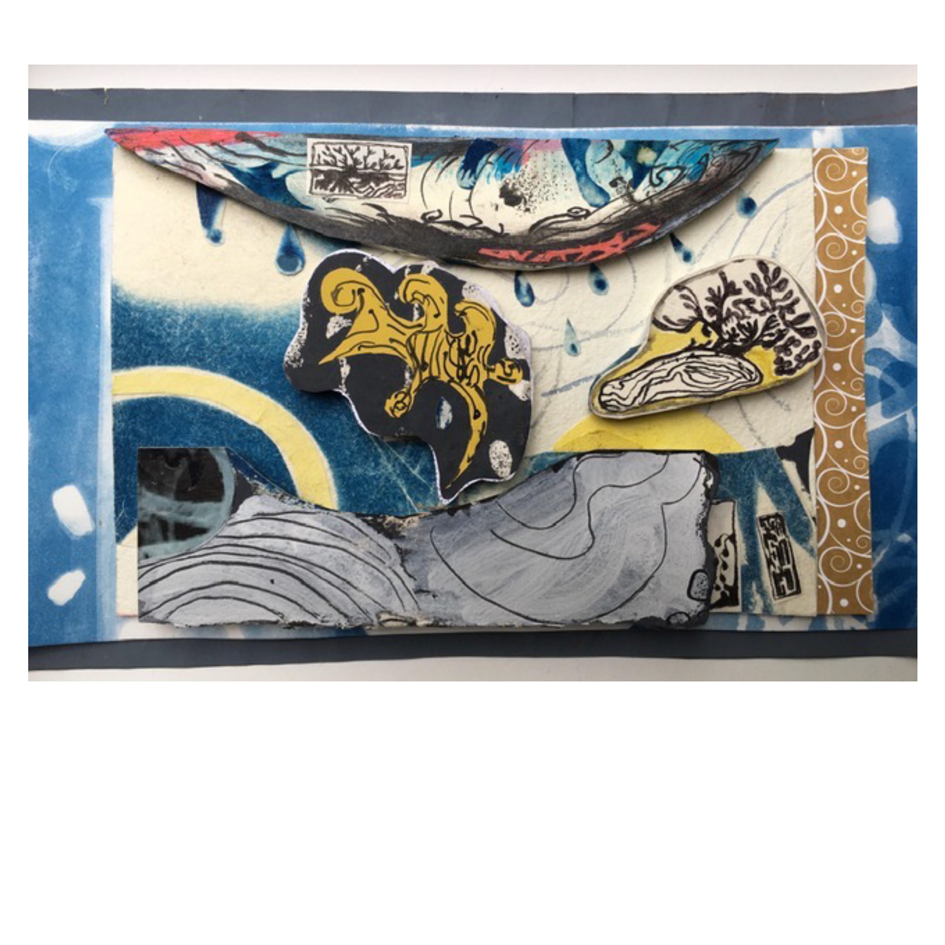 Hiroshige Dream – 2020 cyanotype, ink, gouache, watercolor, printed matter 9 x 12 x ¾”