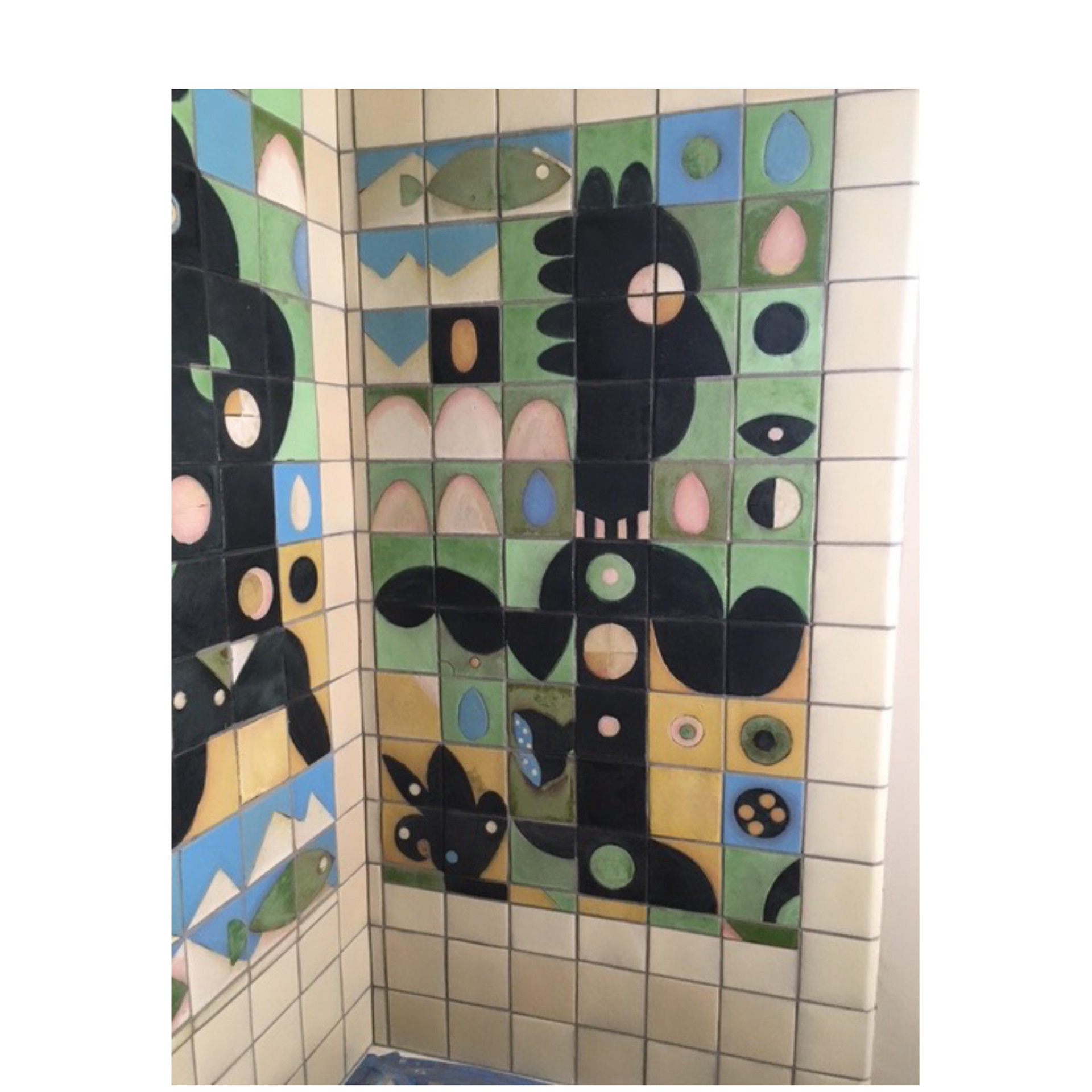 ‘Greetings’: 2016, bathroom tile commission detail 42’’tall (not including tan tile)