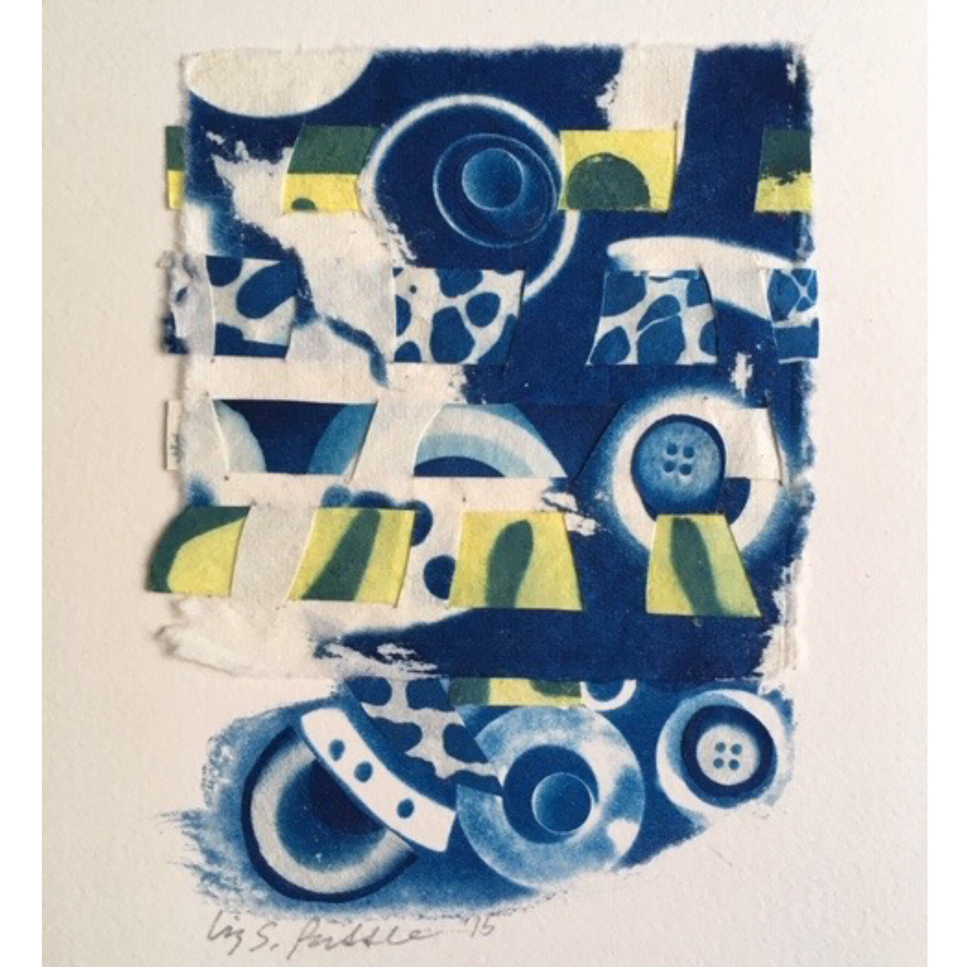 Jutebox Juggle- 2015, 11 x 8.5”, framed, cyanotype, acrylic wash, on okawara paper