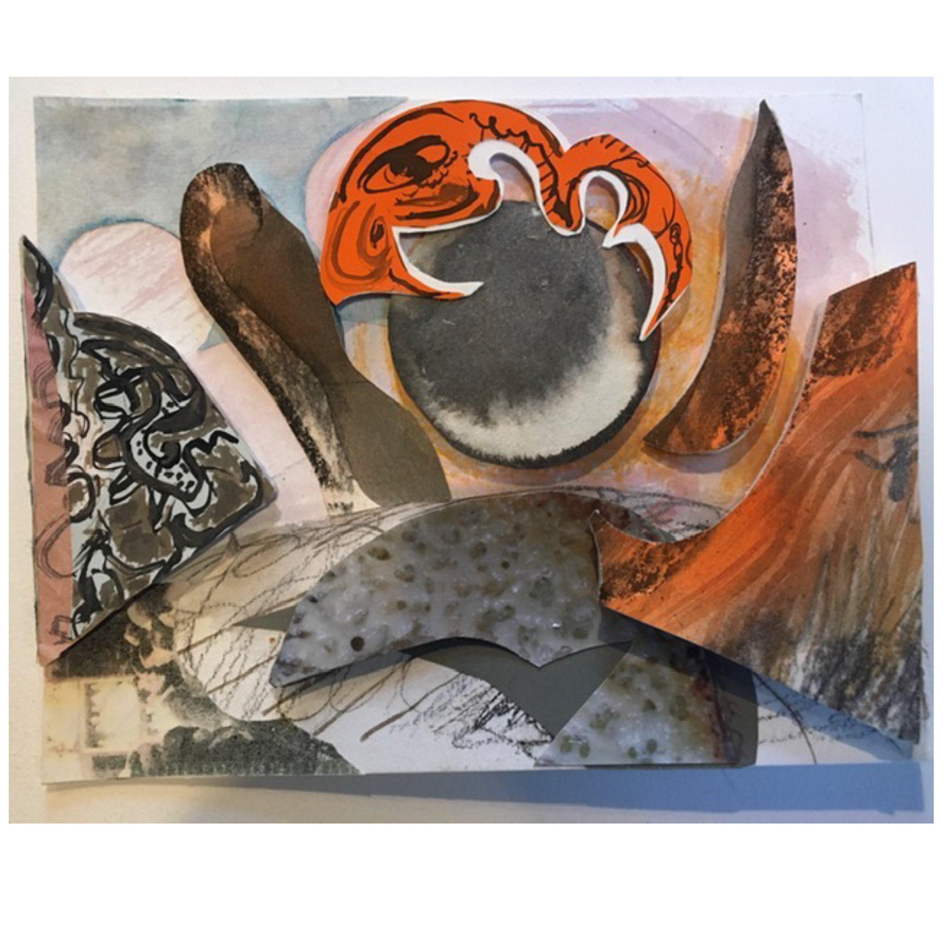 On the Lookout/Threat-  7 x 6 x 1/2”, colored paper, gouache, ink, circa 2023