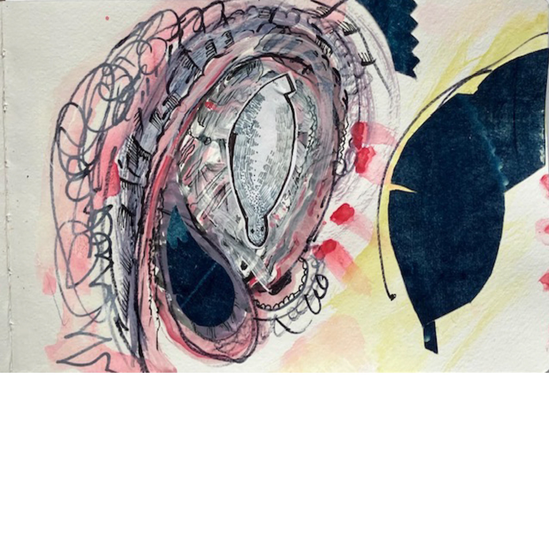 Dipping Down – 2025,   5.5 x 8”, collage, Watercolor & ink