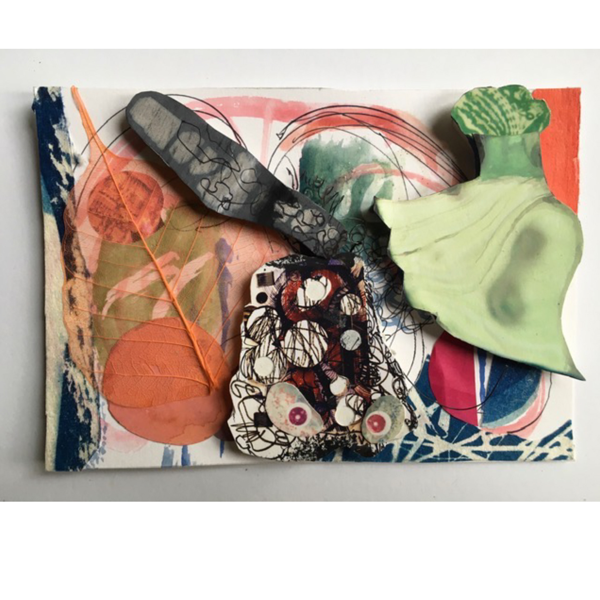 Bug Eyes- 2021, 5 x 7 x 1/4” ink, cyanotype, printed matter, gouache, skeleton leaf