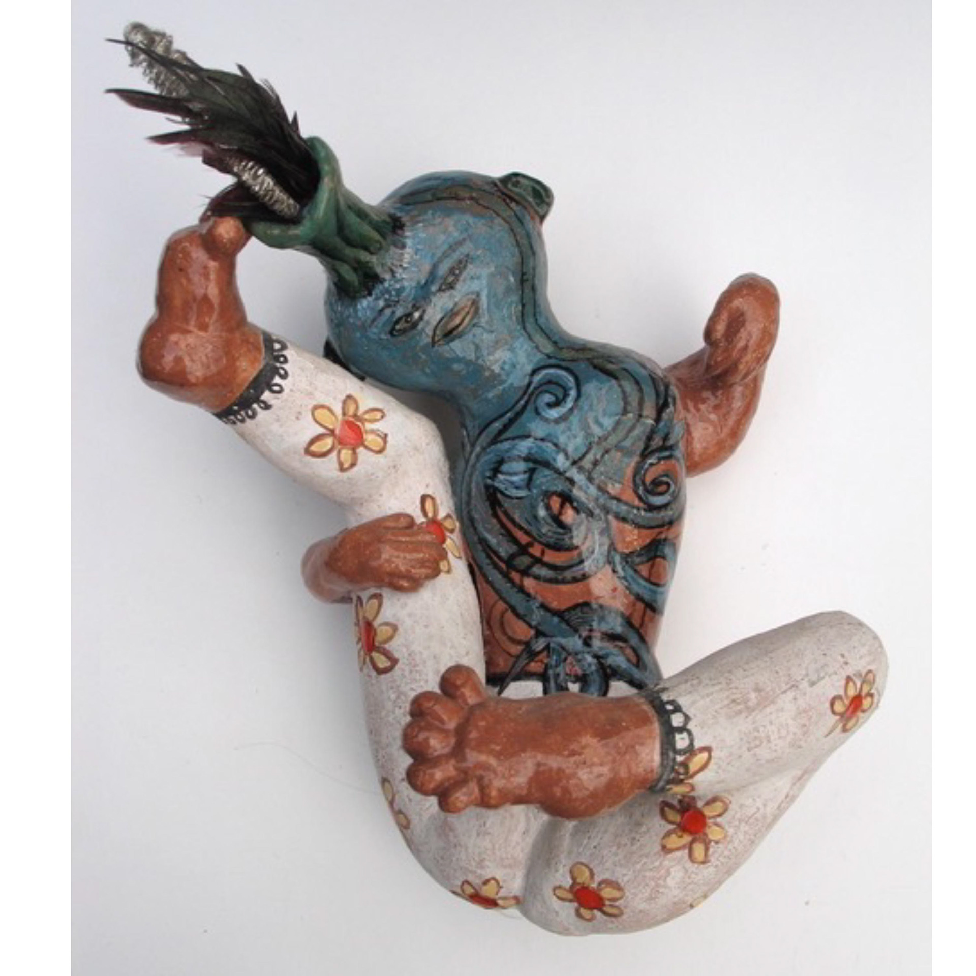 Hanging from a Thread – 2003, 8 x 6.5 x 2.5”, ceramic, feathers