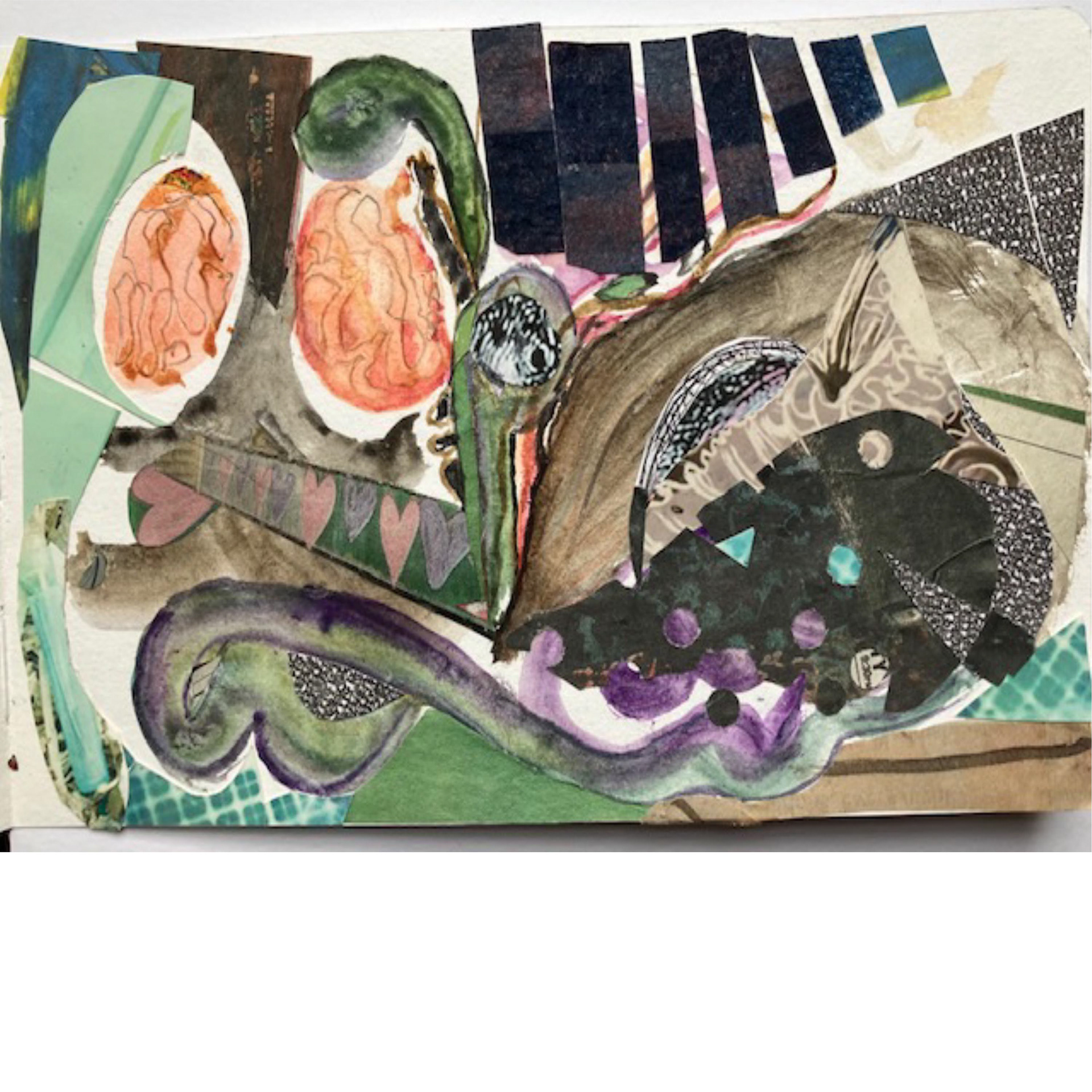 Moving Along - 2025, 5.5 x 8” collage, watercolor & ink