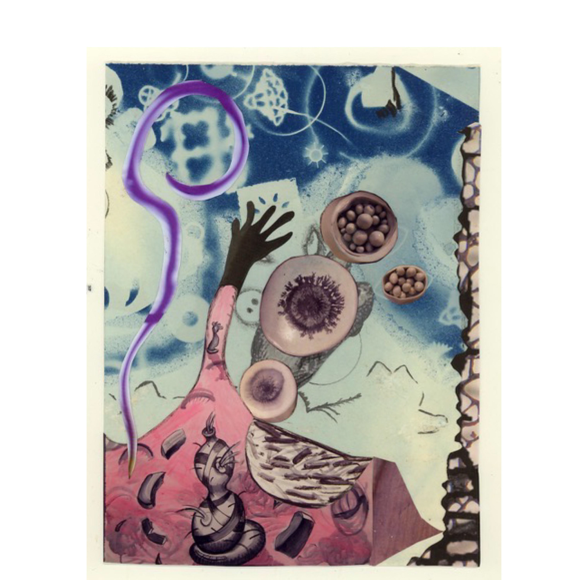 Space Flea 11/Pink Road – 2011, 7.5 x 5”, collage, cyanotype, ink