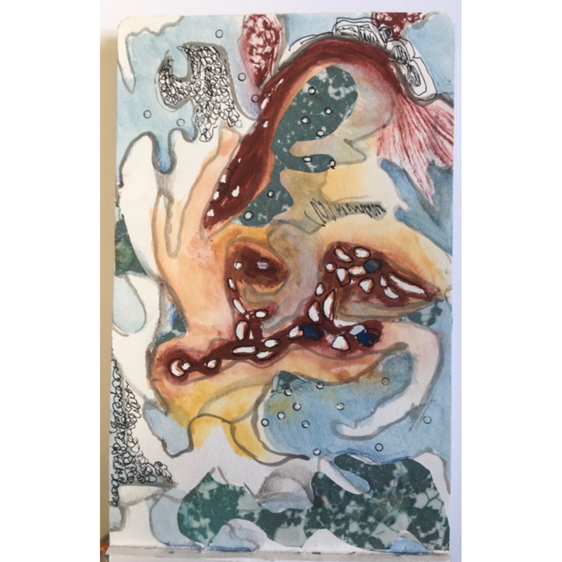 Infection – 2022, 5.5 x 8”, collage, watercolor & ink