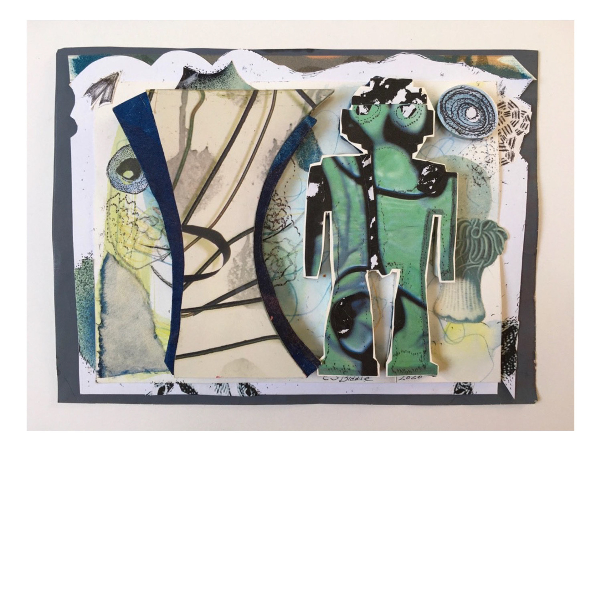 Standing Robot  2021 photo image, ballpoint pen, watercolor, Bristol paper 7 x 9 x 3/8”