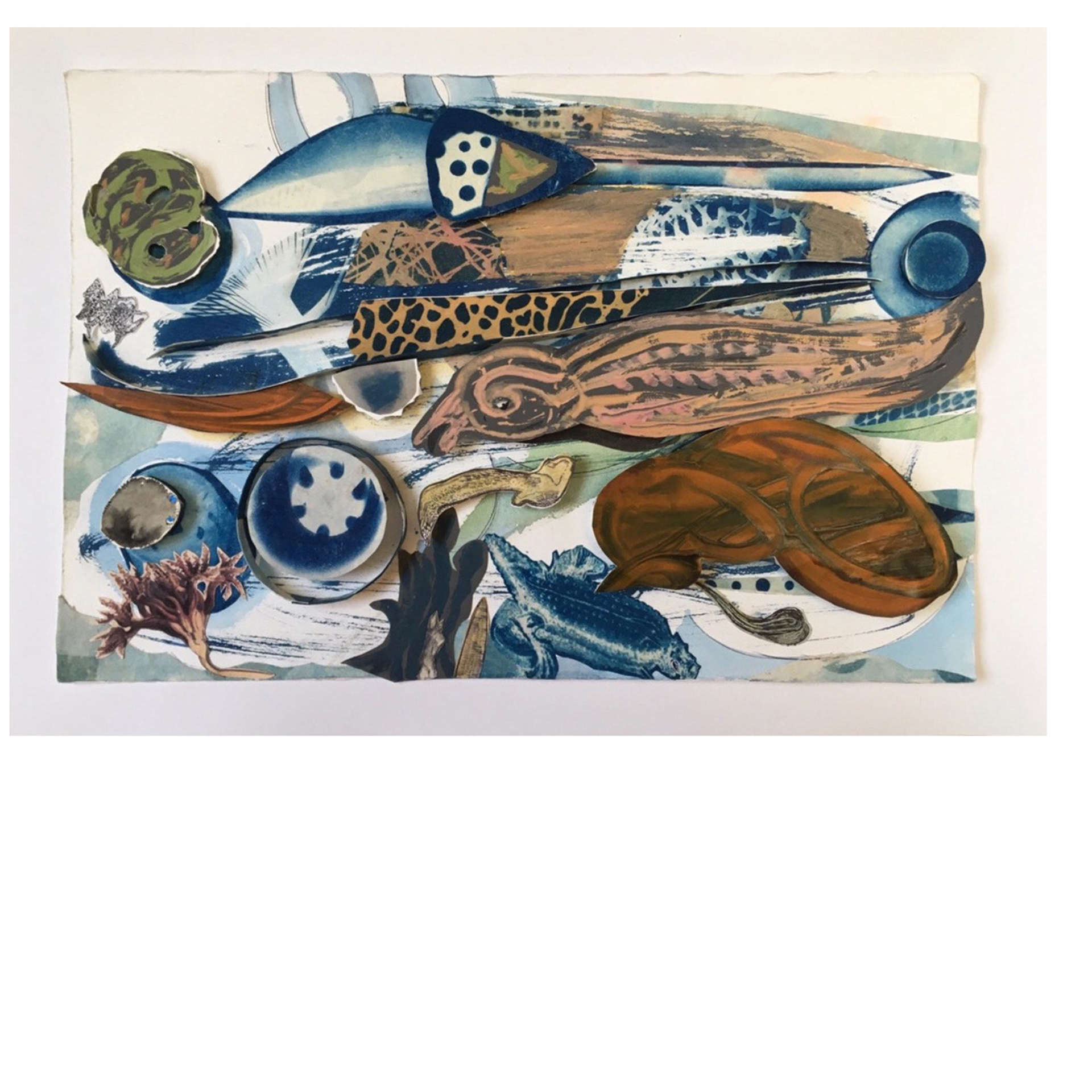 The Neighborhood  2021 cyanotype, gouache, watercolor, printed matter, on arches paper 11 x 17 x 3/8”