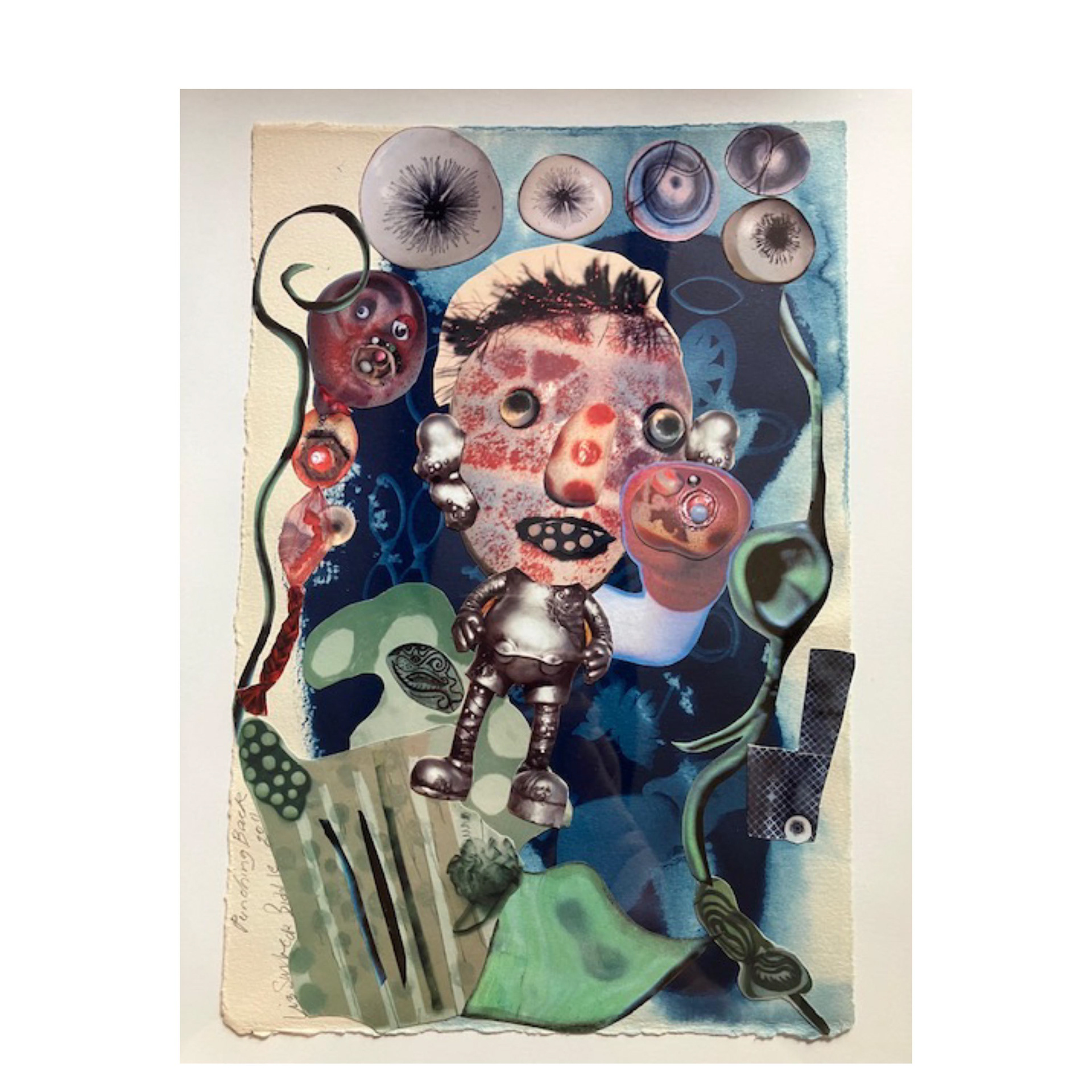 Space Flea/ Punching Back – 11 x 7.5”, 2011, collage and cyanotype