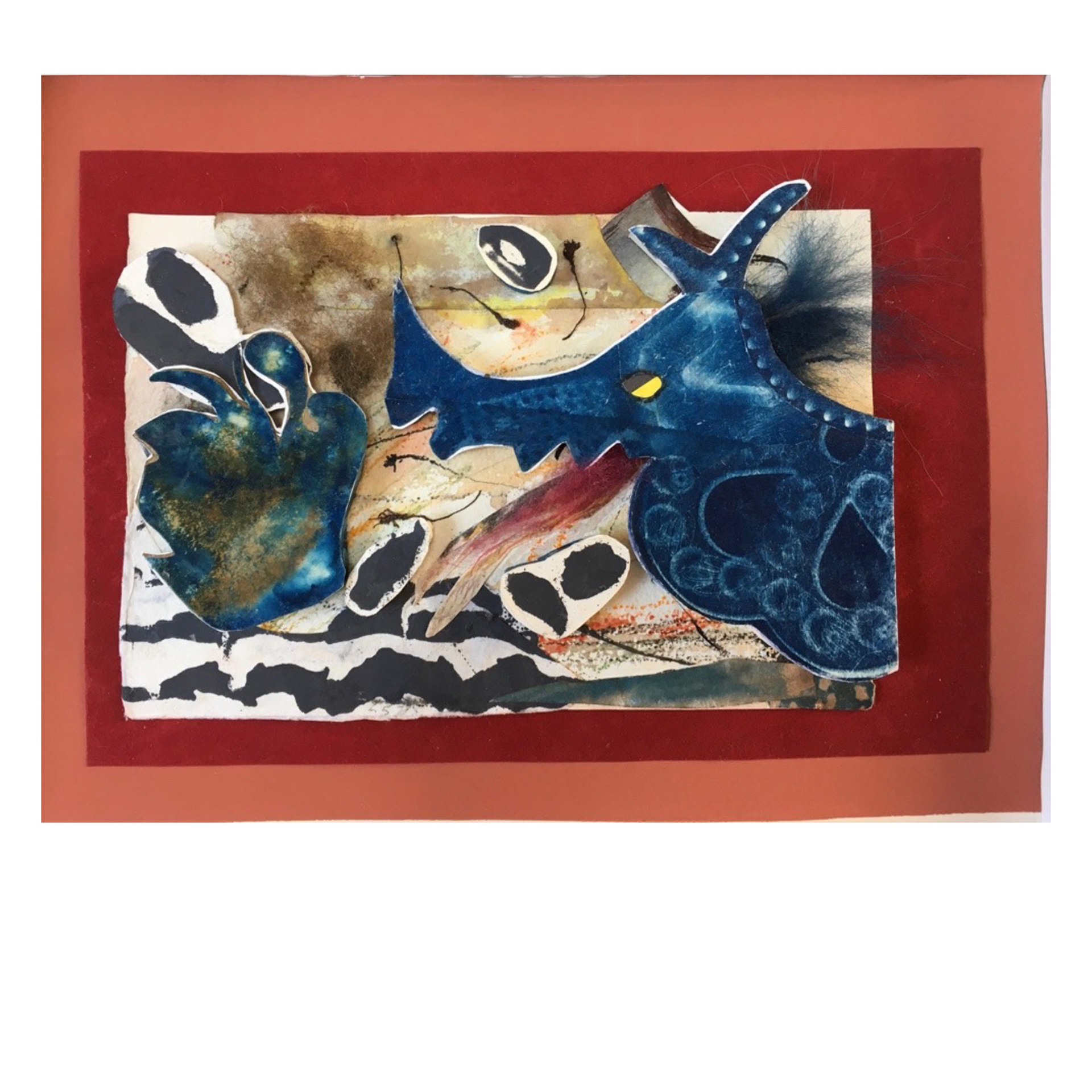 Chaos/Huffing and Puffing  2020inspired by Kazuo Ishiguro’s post-Arthurian fantasy novel The  Buried Giant cyanotype, silkscreen, watercolor, mixed media, arches paper 6 x 8 x 3/8”