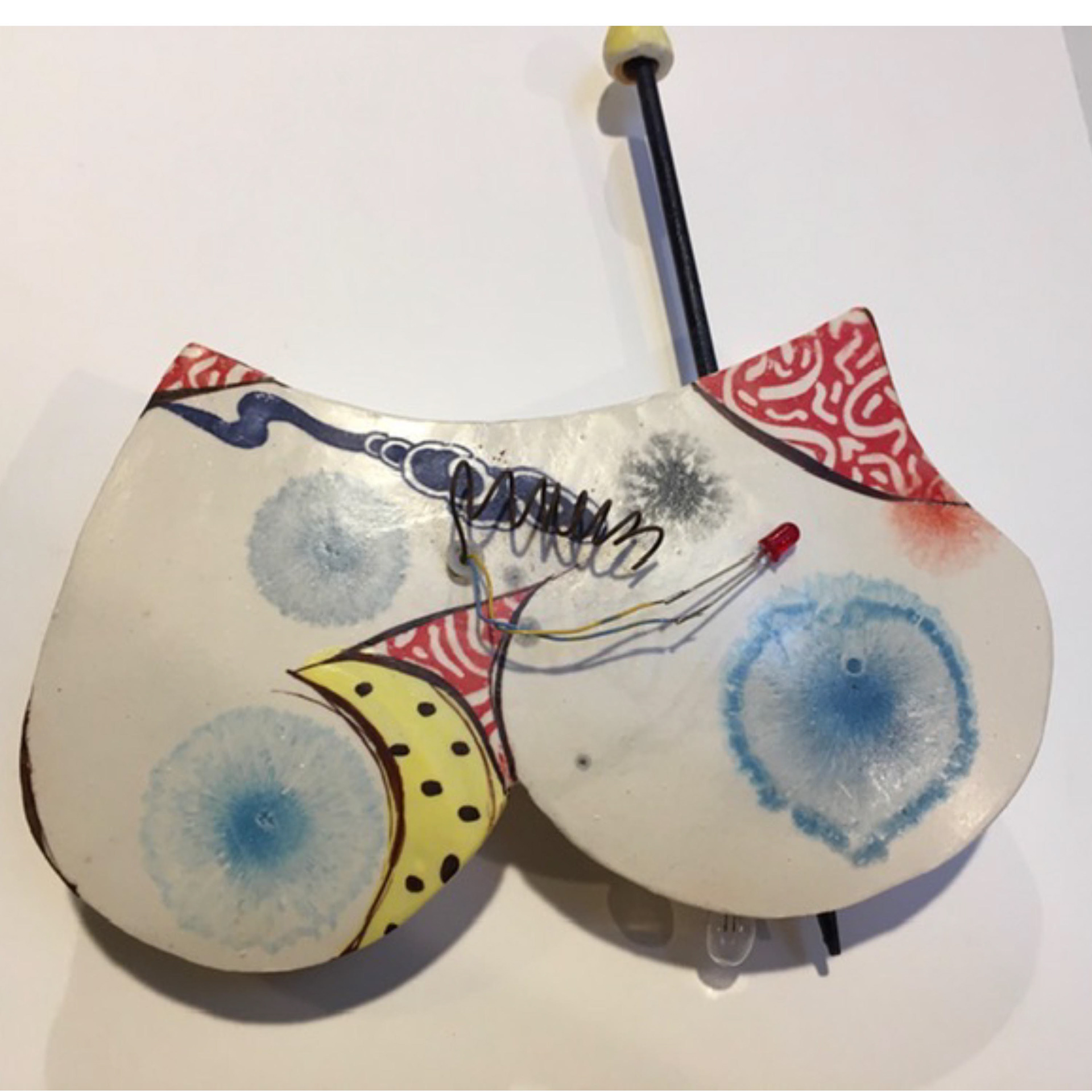 Playing Around Series – 2012, 9 x 8 x 1.5” glazed ceramic, wire, metal