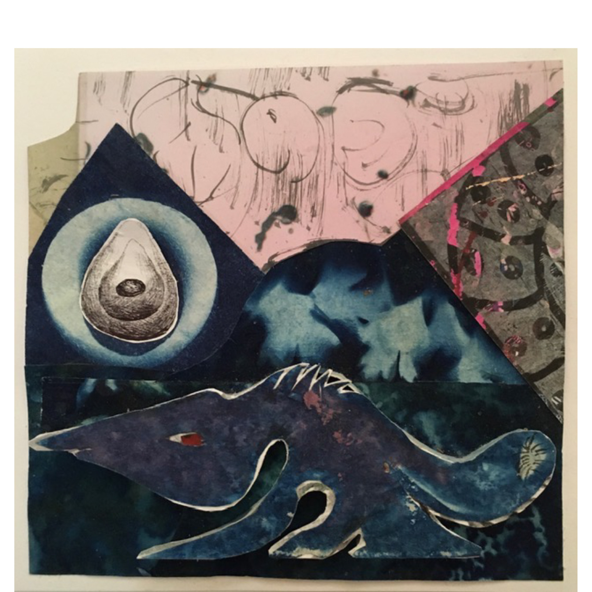 Cave Creature- 2020, 5 x 5 x ¼”, cyanotype, ink, collage