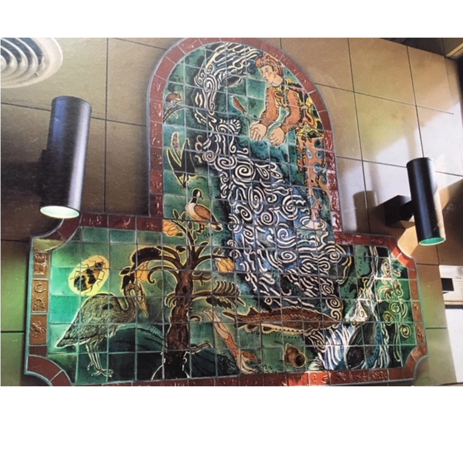 Water Rites-1997, MTA awarded  tile mural installation – 9’ x 8’ Croton on Hudson Railroad station, NY, local students did the sculptures on the red border, 1996