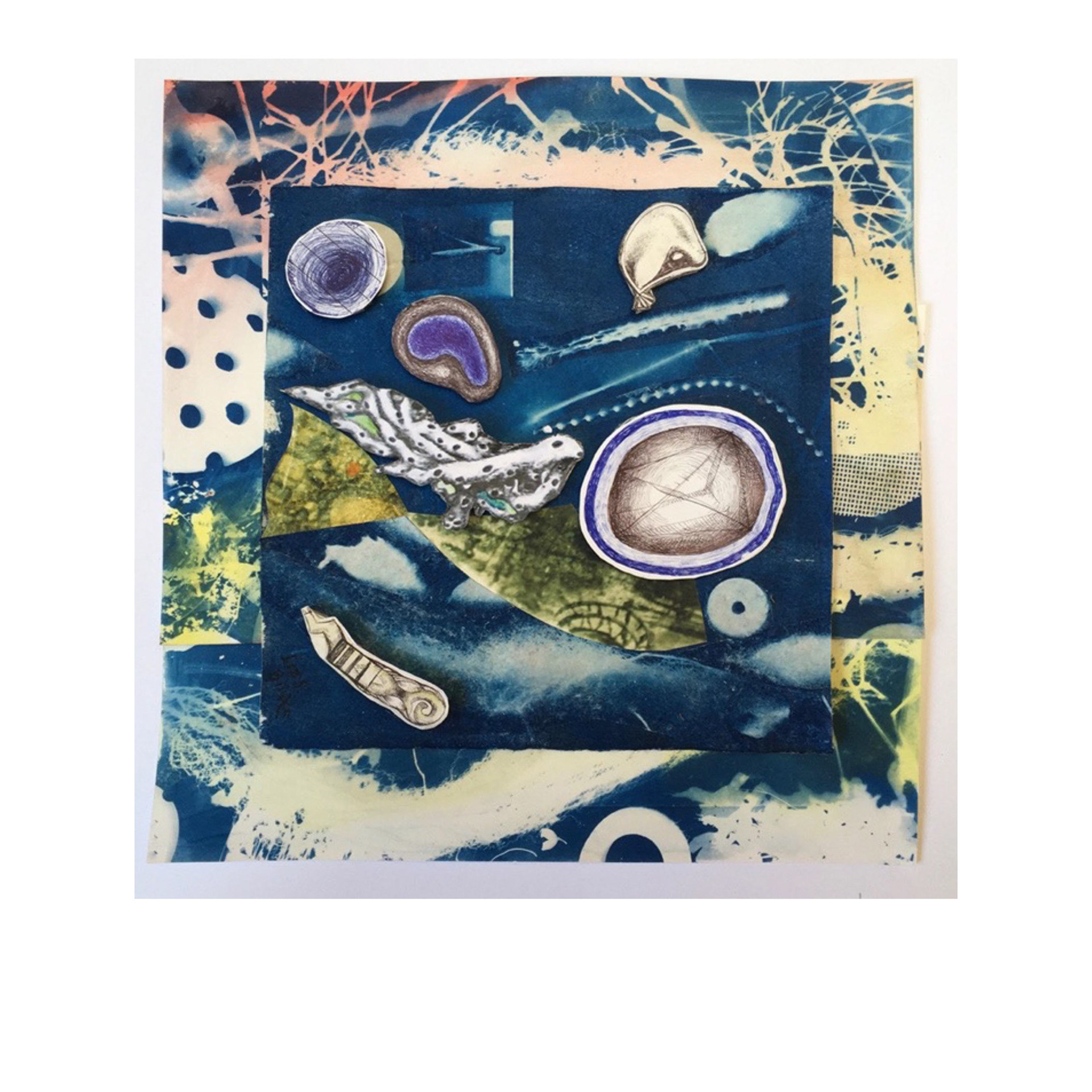 Coming Up For Air collaboration with Michael Biddle 2020 cyanotype, printed matter, ballpoint pen, acrylic, on okawara paper