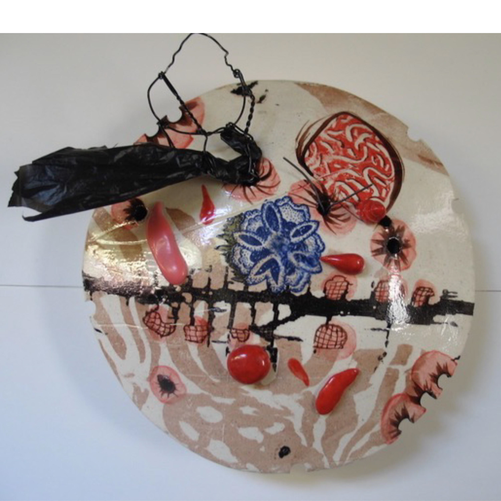 Circle Series #1 – 2012, 8.5 x 8.5 x 3”,  glazed ceramic plus wire and fabric