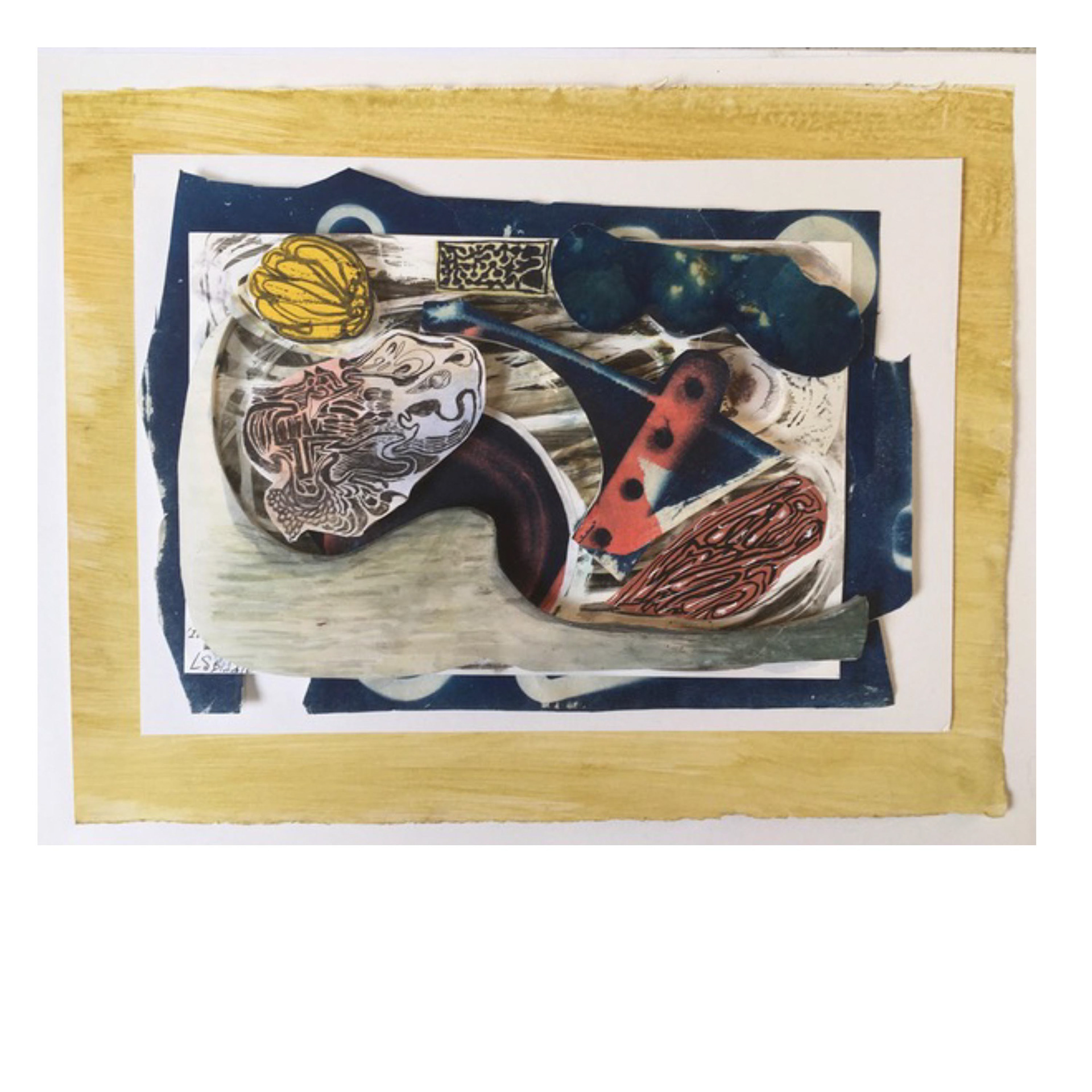 Mixed Messages  2020 cyanotype, acrylic, watercolor, ballpoint pen, Yupo paper 10 x 13 x 3/8”