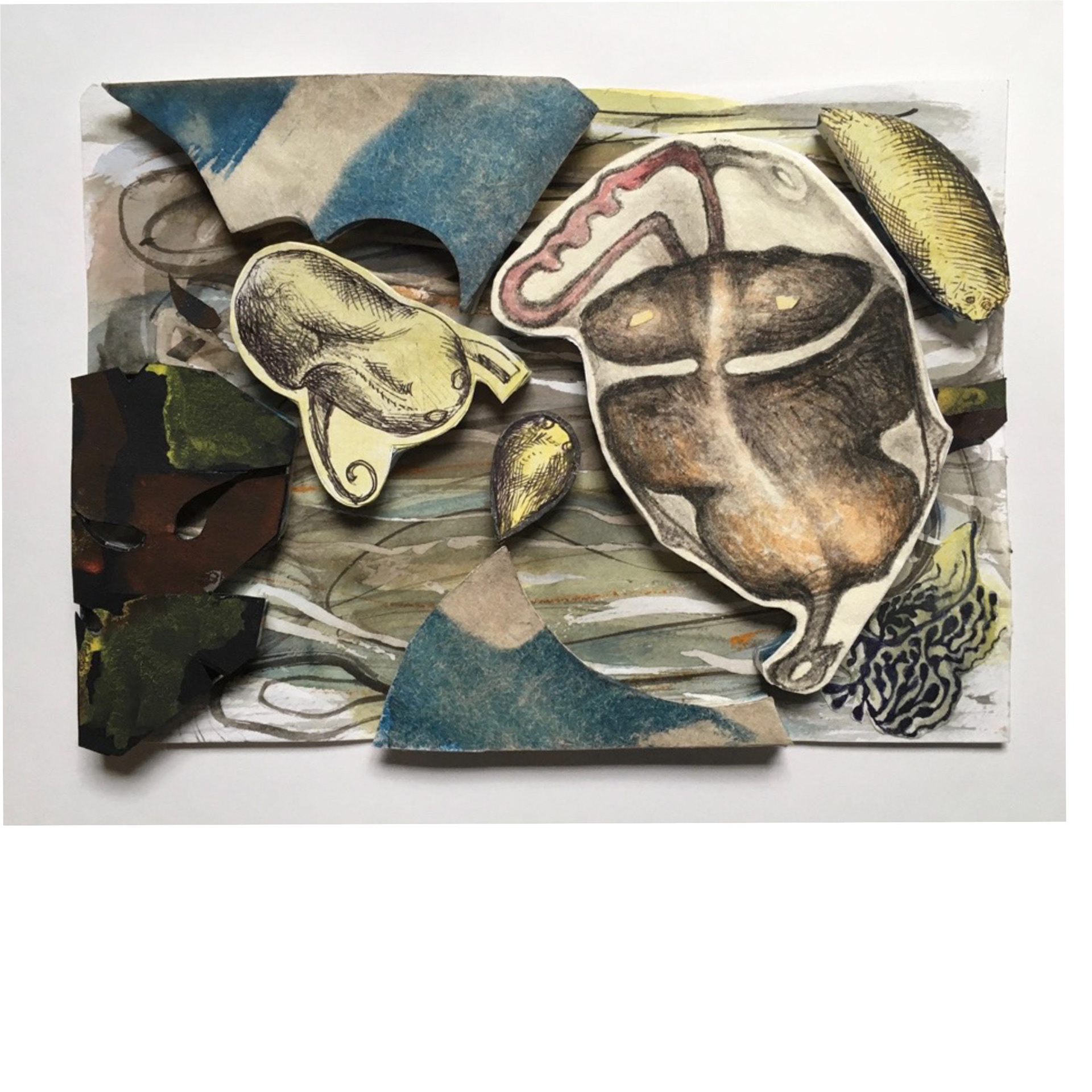 Infighting - collaboration with Michael Biddle 2020 cyanotype, watercolor, ink gouache, on arches paper 6 x 8 x 3/8”