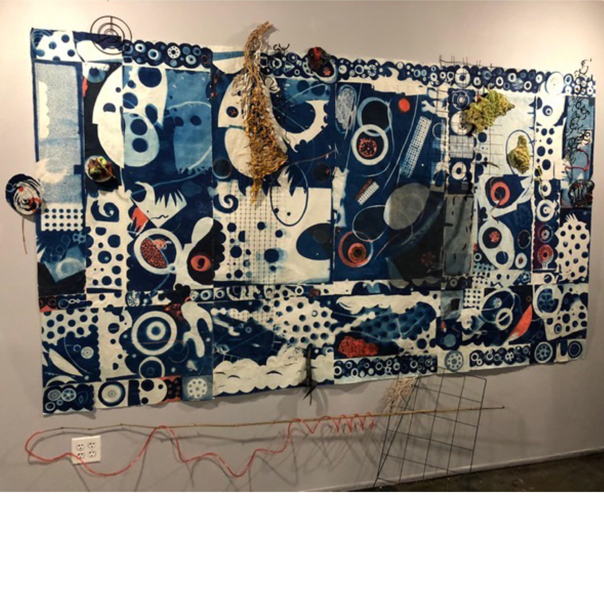 Drift- 2018, cyanotype, wire, acrylic, watercolor, 5’ x 10’ x 12”, A.I.R. Gallery, NYC