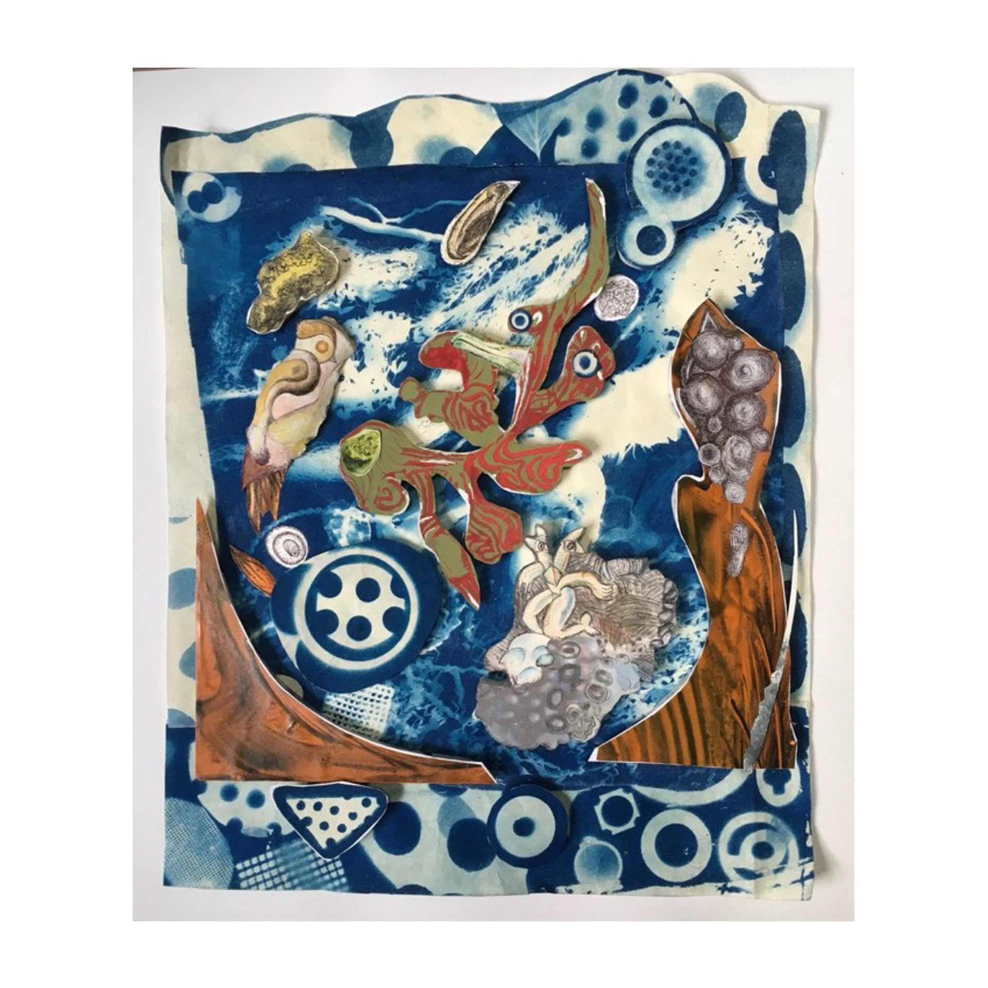 Maelstrom  2021 cyanotype, papier mache, ballpoint pen, acrylic, Okawara paper 20 x 16 x 3/8”