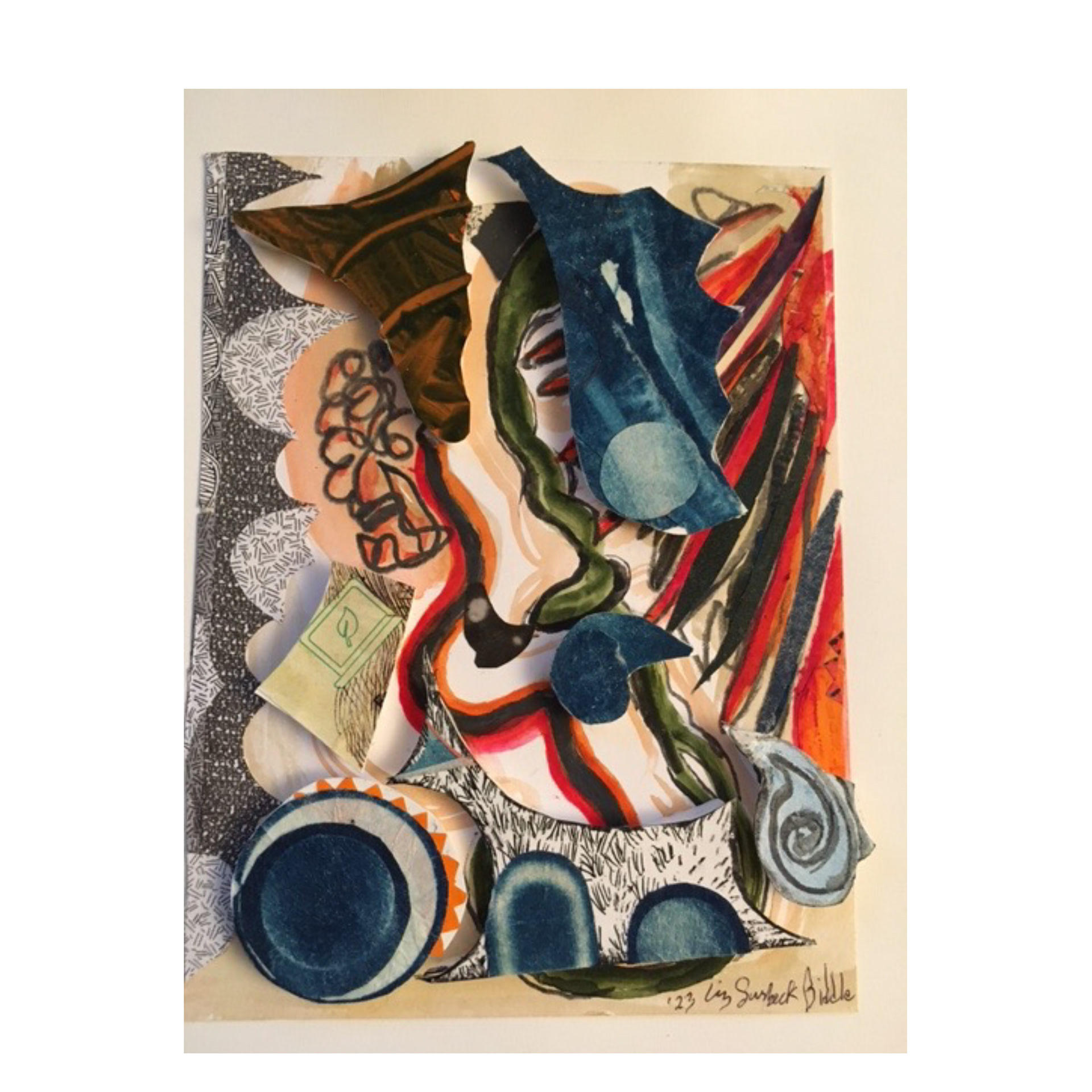 Q Marks- 2023, 6 x 4.5 x ¼”, gouache, ink, cyanotype, printed matter