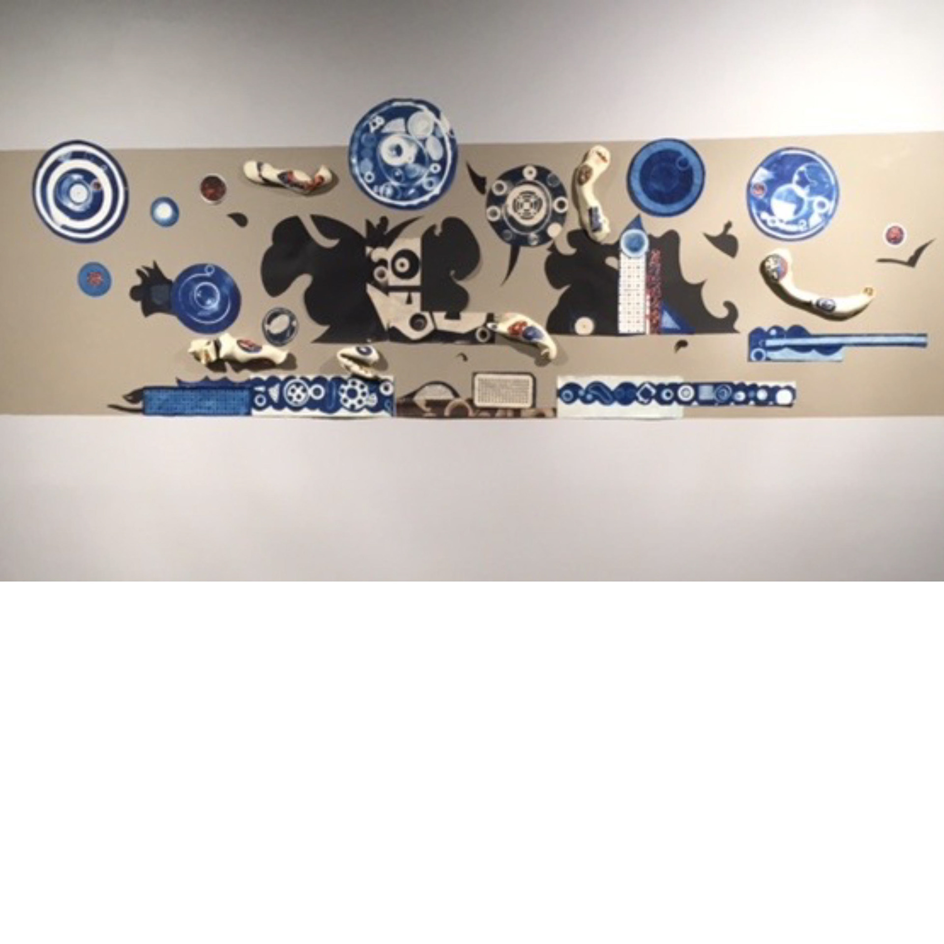 Reverie - 2017, cyanotype, colored paper, ceramic sculptural pieces, 3’ x 10’ x 4”, A.I.R. Gallery, NYC    Reverie - 2017, cyanotype, colored paper, ceramic sculptural pieces, 3’ x 10’ x 4”, A.I.R. Gallery, NYC    