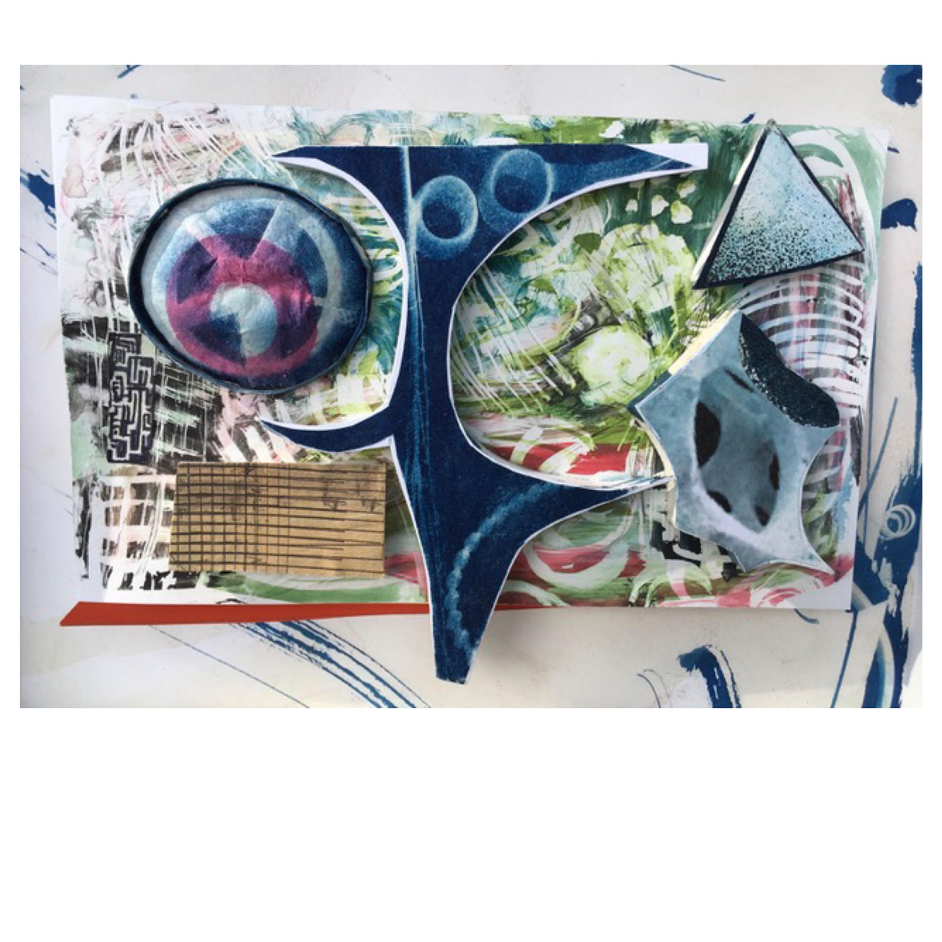 This or That – 2020 cyanotype, gouache, ink, papier mache 9 x 12 x 3/8”Breathe – inspired by Robert Ashley’s musical piece:  The Backyard  2020 cyanotype, watercolor, papier mache 11 x 14 x 1”