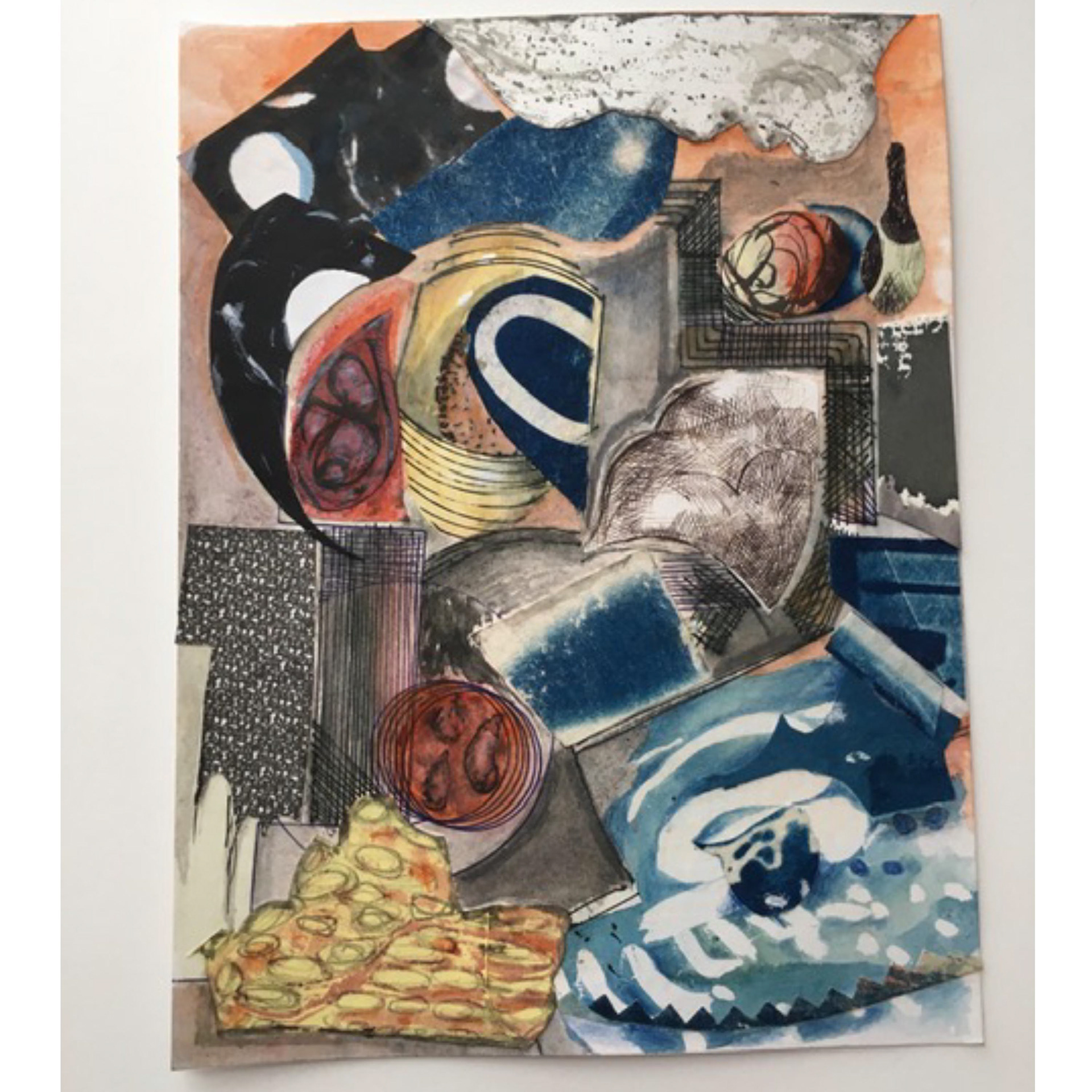 Tumble - 2020, 8 x 6”, collage, watercolor & ink