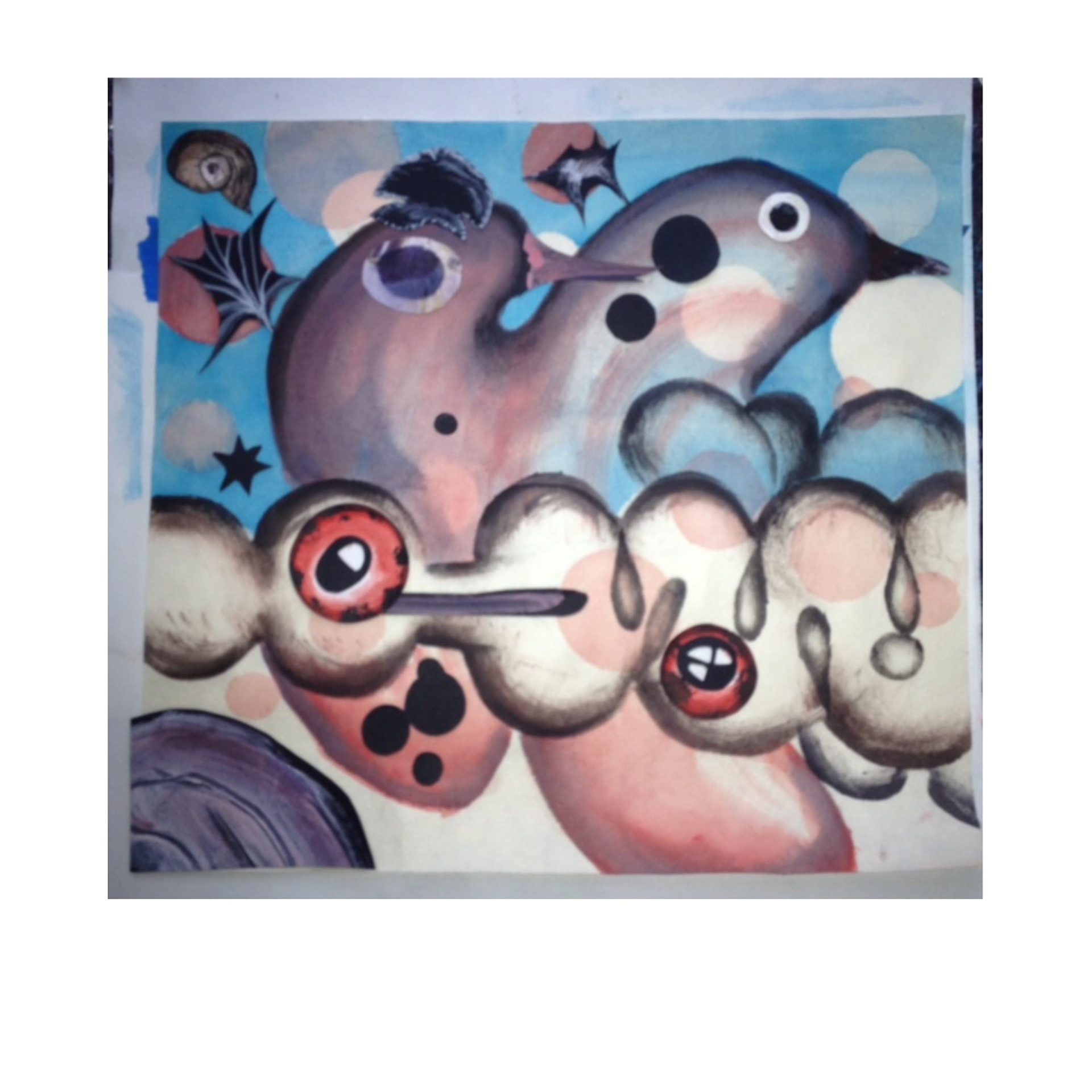 Birds of a Feather 2013 12” X  13” Acrylic, Stencil Drawing, Collage