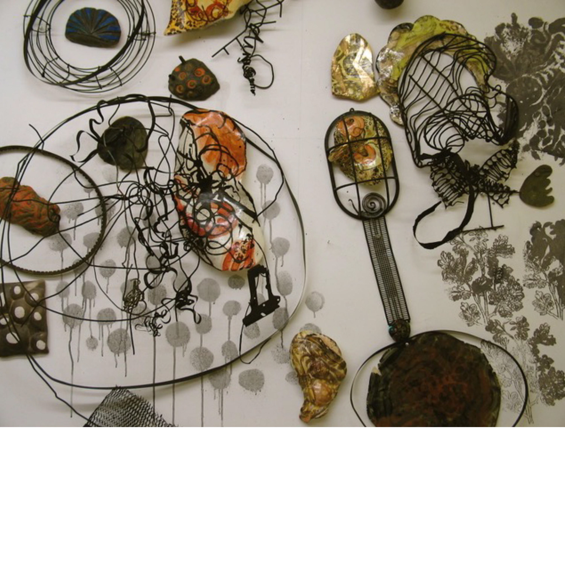 Salterello-  installation,  2008, ceramic sculpture pieces, wire, spray paint, stencil work, approx. 9 x 6 x 7’ Clay Art Center, Port Chester, NY