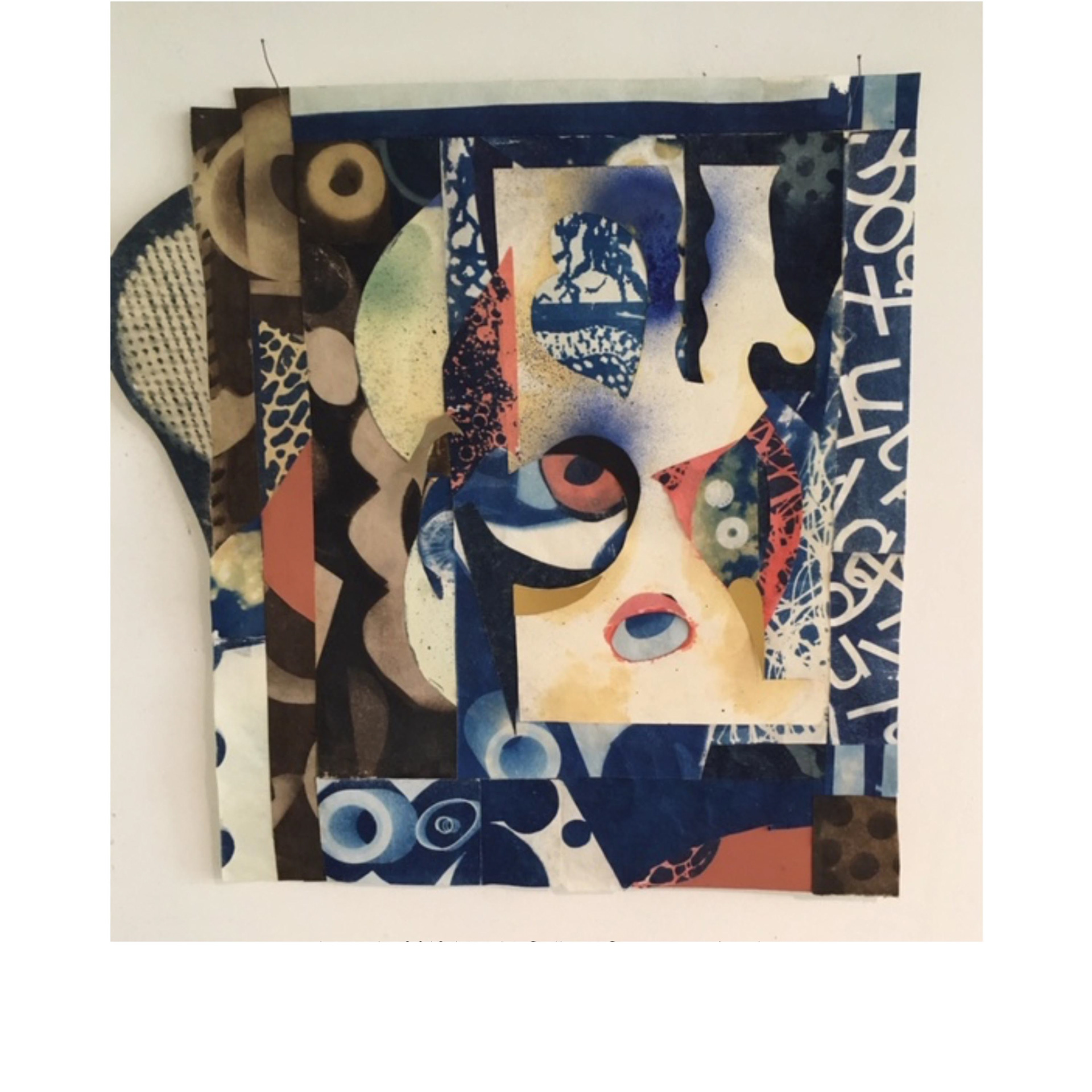 Peeky Peeky 2018 15” X 15” Collage, Cyanotype, Acrylic
